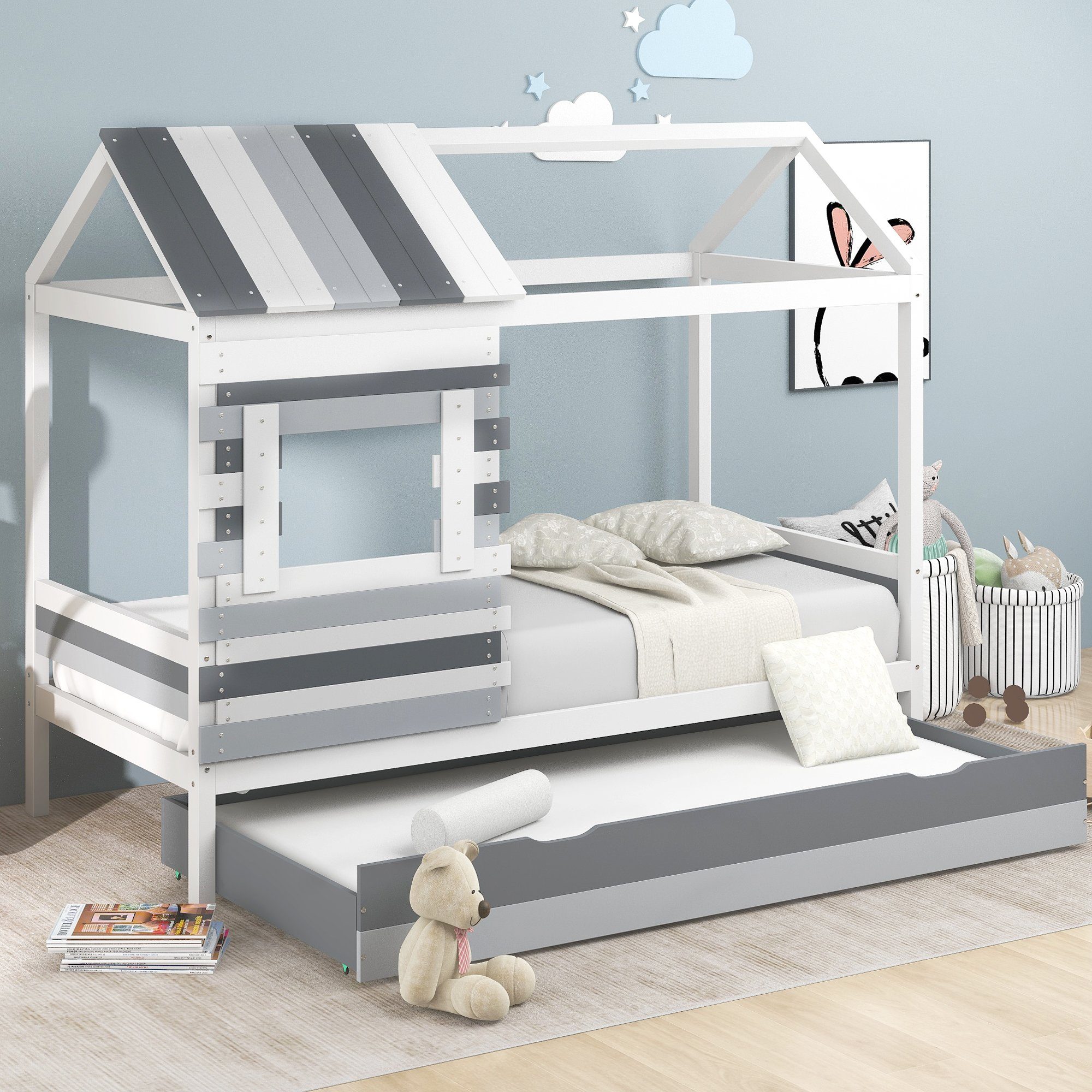 Fangqi Bett 90x200 cm 2 in 1 Kinder Etagenbett, Holzbett mit Klappbett und  Dach