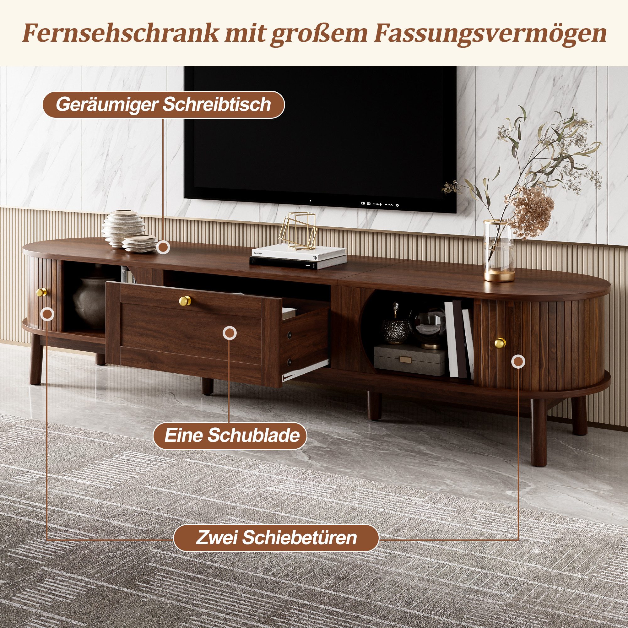 Merax TV-Schrank in Holzoptik mit Lamellentüren & abgerundeten Ecken (1-St) TV-Lowboard mit Schublade, 2 Schiebetüren & Holzbeinen, 170x39,5x38cm – Bild 5 von 5