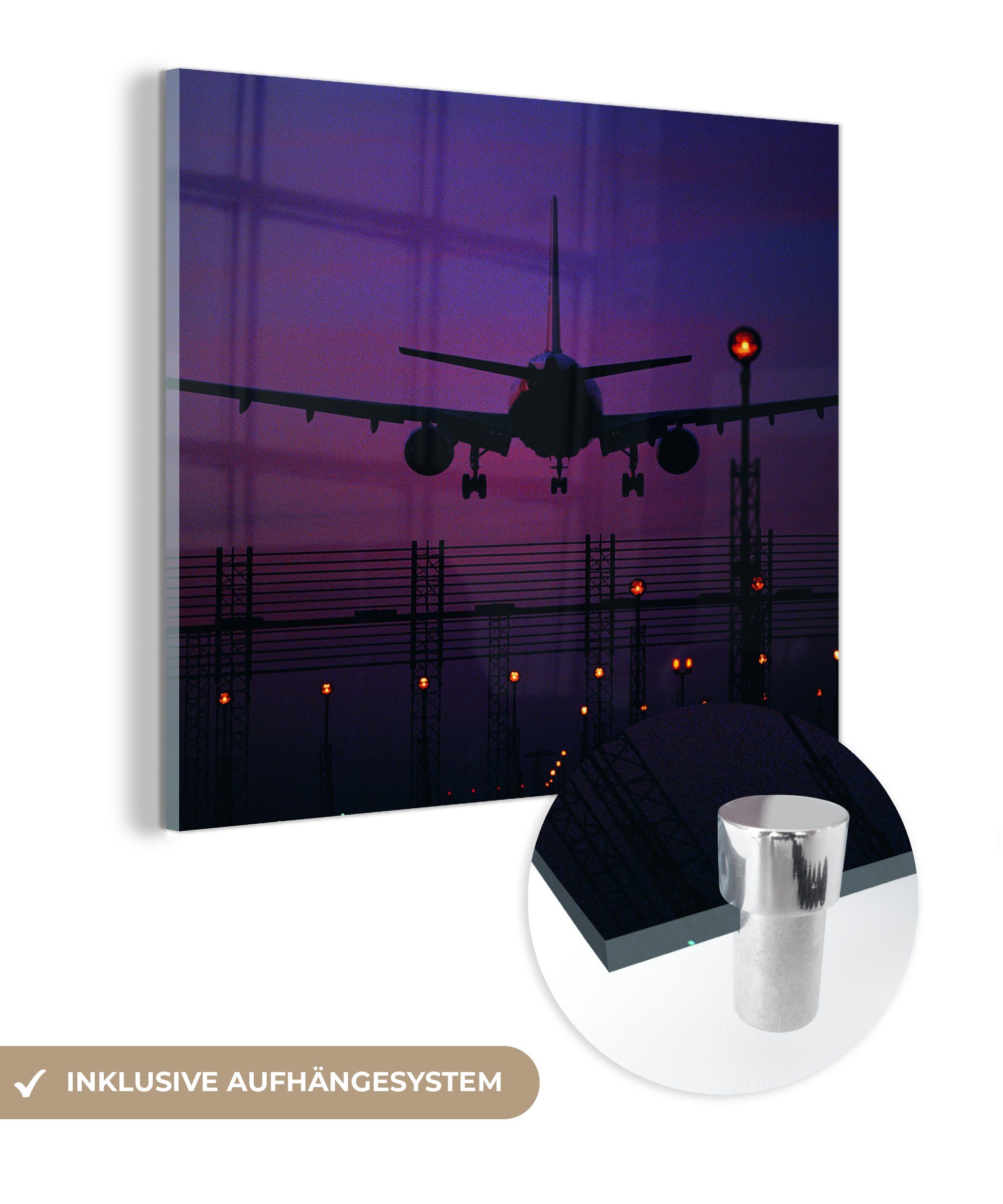 MuchoWow Acrylglasbild Silhouette eines Flugzeugs in der Nacht, (1 St), Glasbilder - Bilder auf Glas Wandbild - Foto auf Glas - Wanddekoration