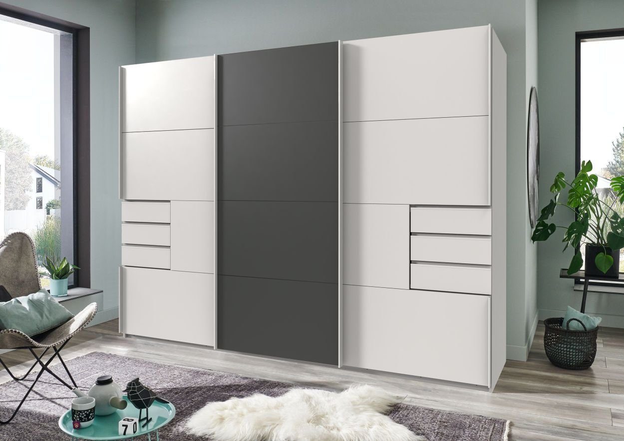 Wimex Schwebetürenschrank Saigon, mit kompletter Innenausstattung, Made in Germany Kleiderschrank 3-türig, 270cm breit, mit 6 praktischen Außenschubladen