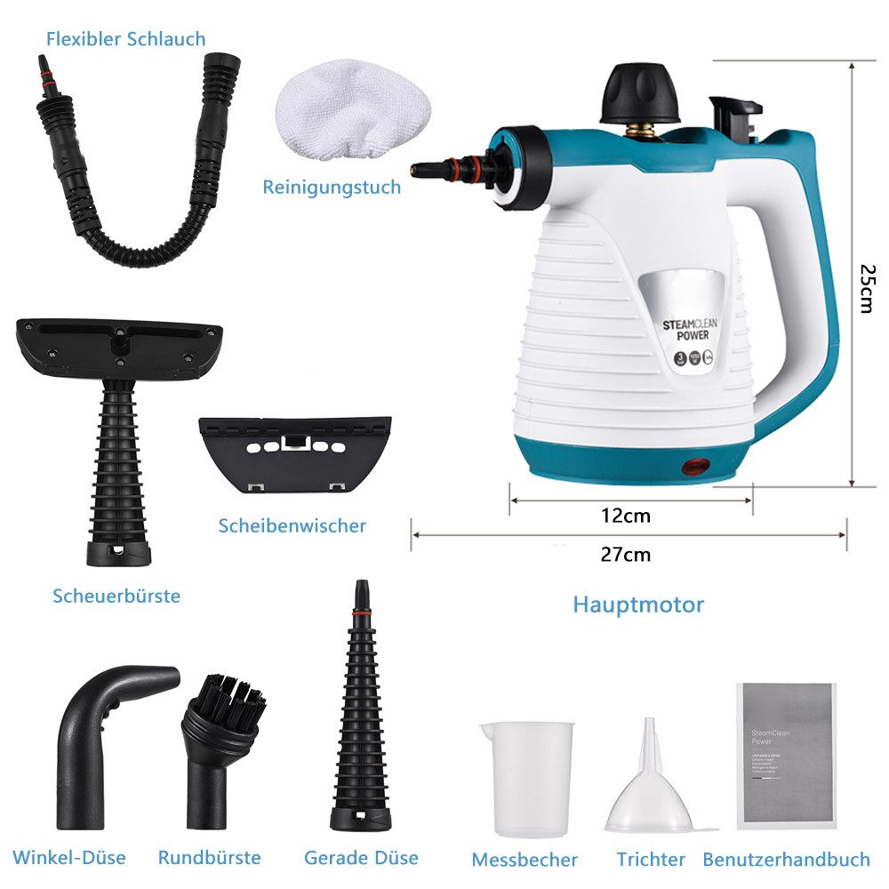 TUWENA Dampfreiniger Dampfreiniger, Tragbar Druckdampfreiniger Handheld mit 9 Zubehörteilen, Handdampfreiniger für Zuhause für Entfernt Schmutz und Fett, für Alles