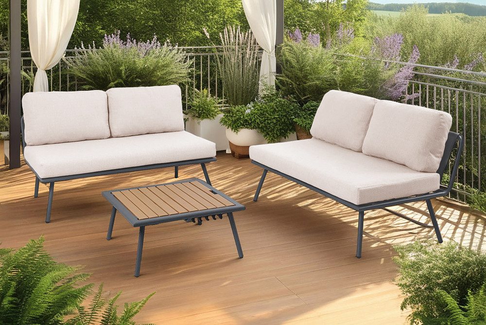 riess-ambiente Gartenlounge-Set MOBILE MODULAR anthrazit hellgrau – 2 Sofas mit Tisch & Kissen, (Set, 3-tlg), pflegeleichte Terrassenmöbel, wetterfest, moderne Outdoor-Sitzgruppe