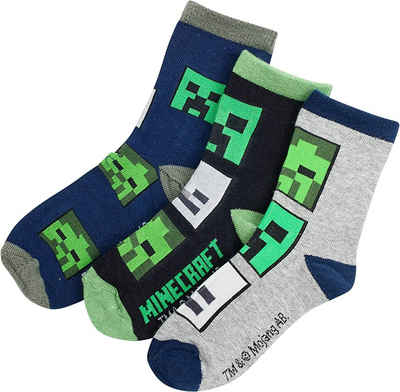 Minecraft Feinsocken MINECRAFT Socken Jungen und Mädchen Kindersocken 3 Paar im Set Strümpfe Gr. 27 28 29 30 31 32 33 34 35 36 37 38