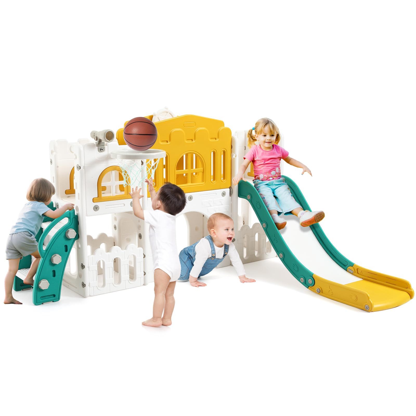 GarveeMore Gartendusche Kinder Rutsche 8 in1 Mit Klettern, Teleskop, Basketballkorb,Tunnel, Bohrspiel und Stauraum Kleinkinderklettergerüst für Kleinkinder 1–3