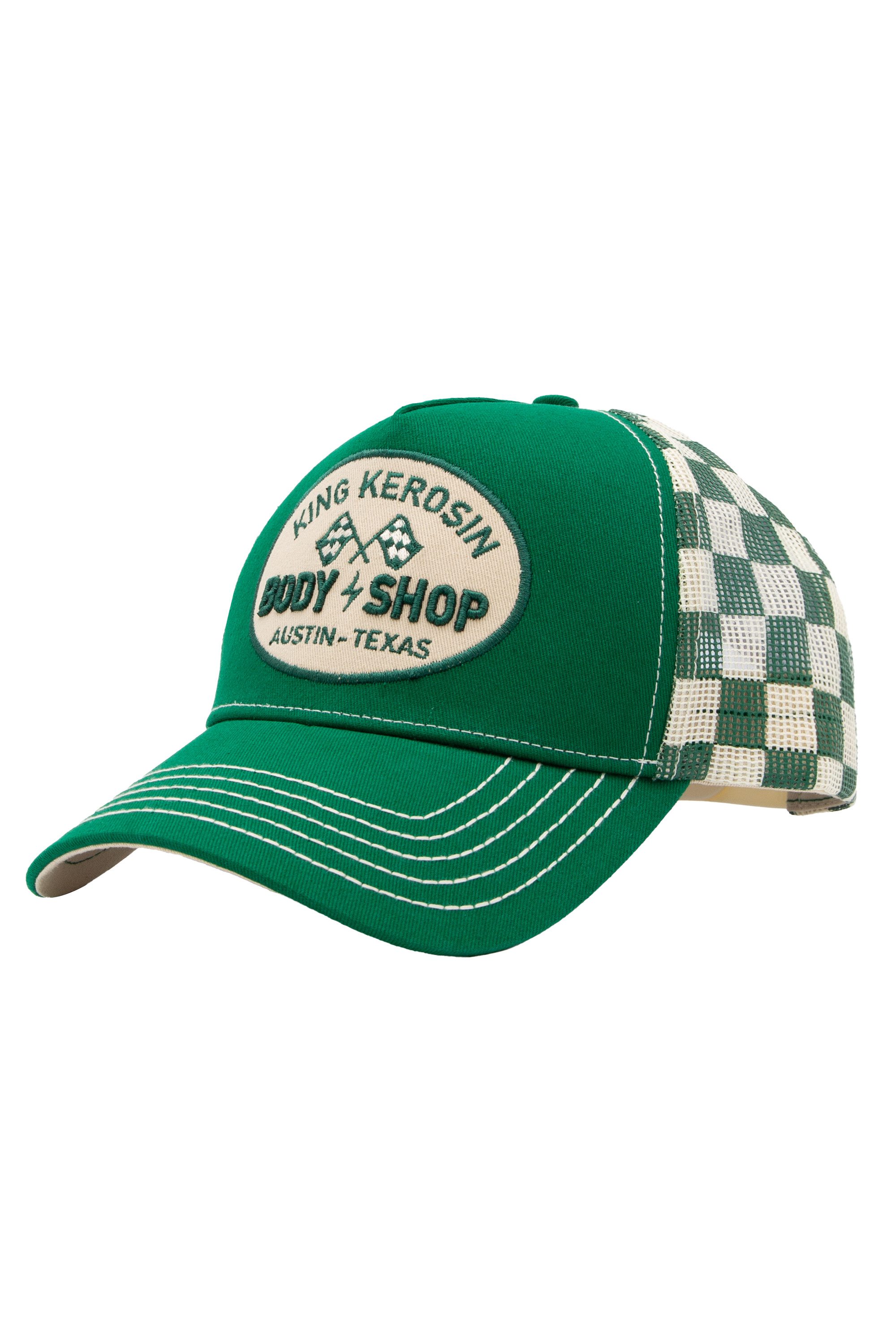 KingKerosin Trucker Cap Body Shop Ovaler Stick-Patch mit Zielflaggen und Mesh im Schachbrettmuster