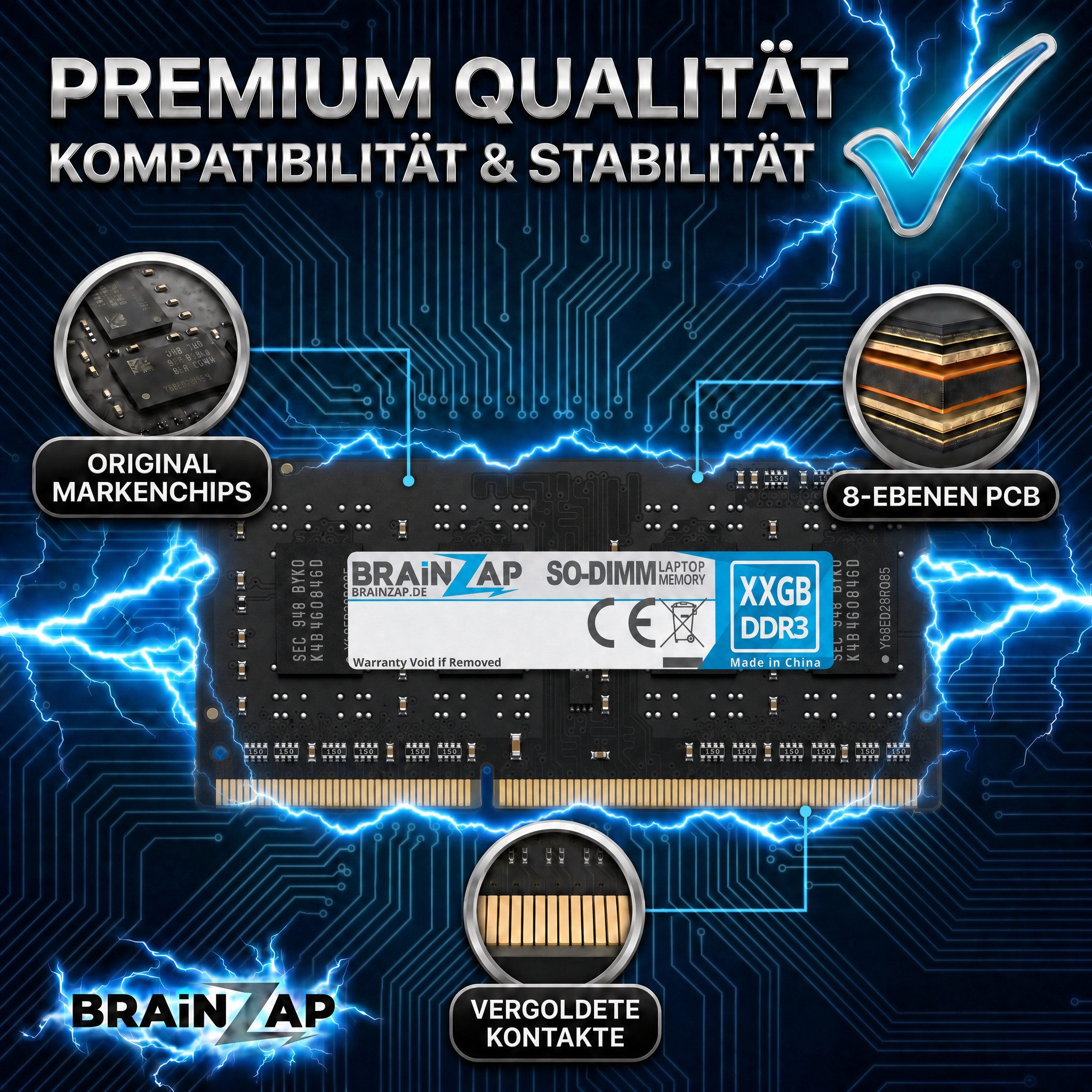 BRAINZAP 4GB RAM PC3-12800S-11 SO-DIMM Laptop-Arbeitsspeicher (1600 MHz, CL11, 1Rx8, Non-ECC, Unbuffered, für Notebooks - Intel und)