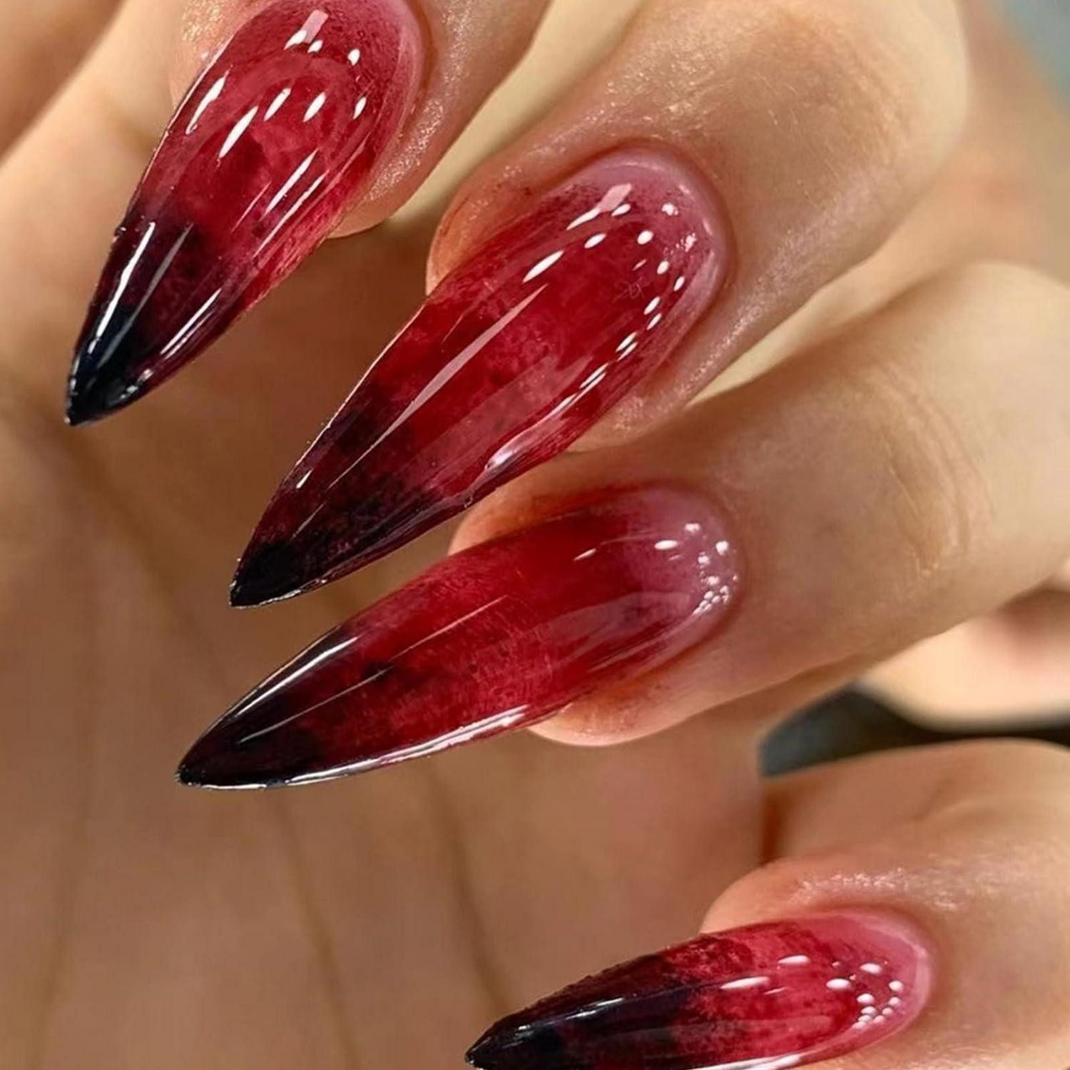 LuxusKollektion Kunstfingernägel Halloween Nägel Mandel Lang Rot Schwarz Farbverlauf 24Stück