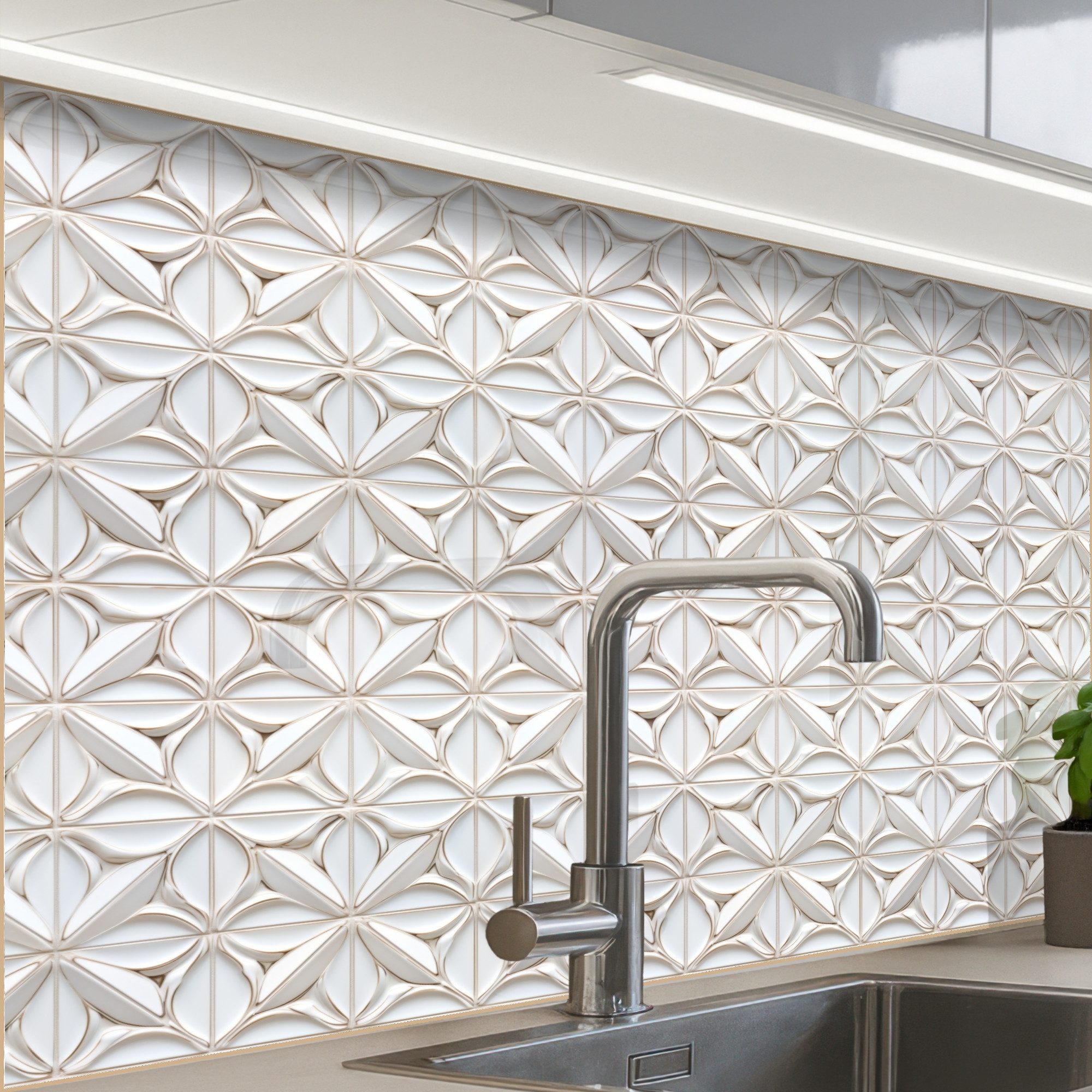 KitchenYeah Küchenrückwand selbstklebend 3D - Fliese - Blume - Relief - Wei günstig online kaufen
