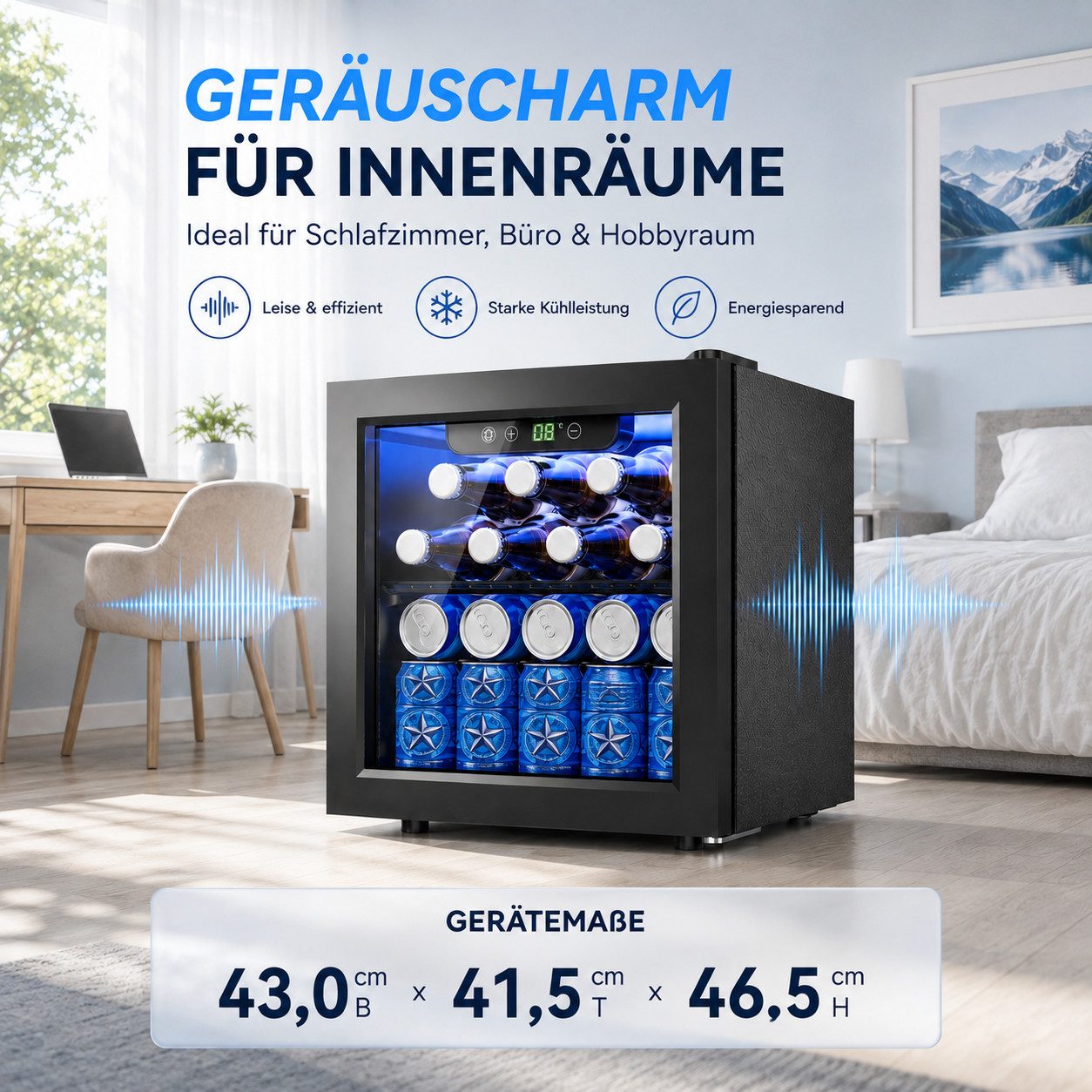 Furnicopia Getränkekühlschrank leise, 24 Dosen/6 Flaschen, verstellbares Regal, Digital-Display, Energieklasse E JC-36UEL-F, Kompressor, Doppelglas, LED, wenig Reif