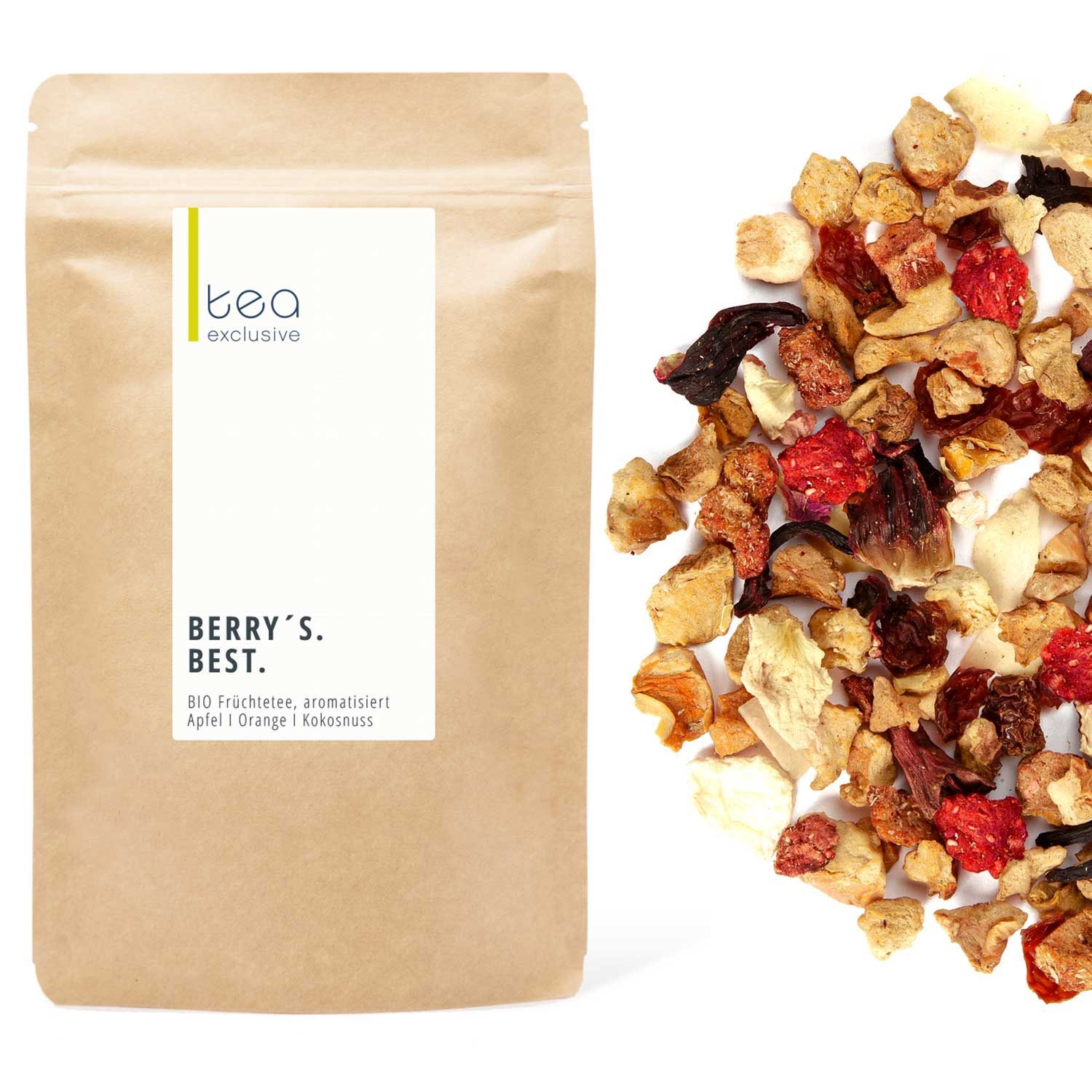 tea exclusive Tee Berry's Best, Früchtetee, 125g, Sehr fruchtig mit schöner sahniger Kokosnote.