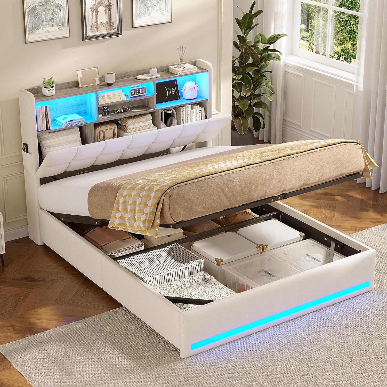 MSMASK Polsterbett Hydraulisches Stauraumbett mit LED-Bleuchtung, 90X200 cm (1-tlg., Ohne Matratze), Jugendbett mit USB- und Type-C-Anschlüsse, Leinenstoff – Bild 3 von 5