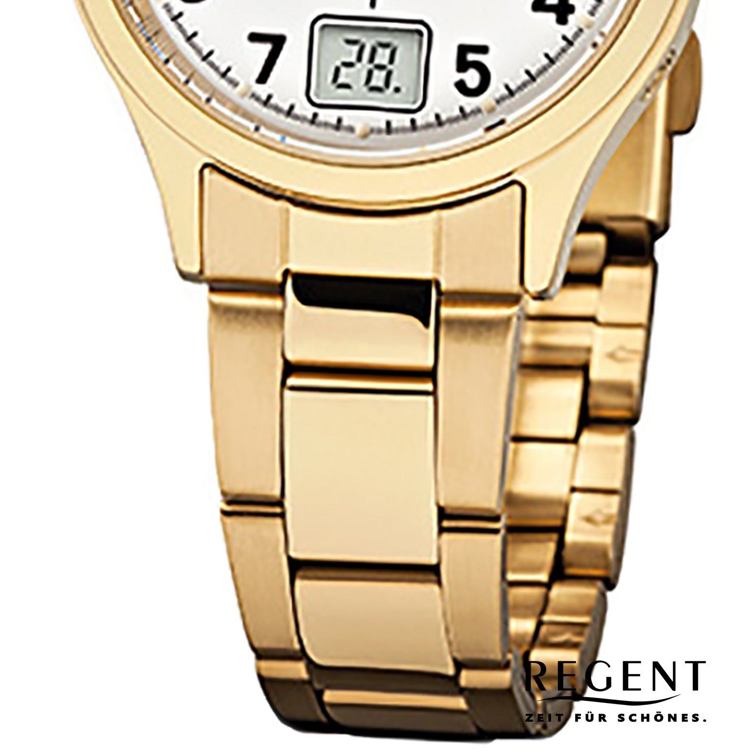 Regent rund, (ca. klein Funkuhr 29mm), Funkuhr gold, Edelstahlarmband Regent Damen-Armbanduhr Damen