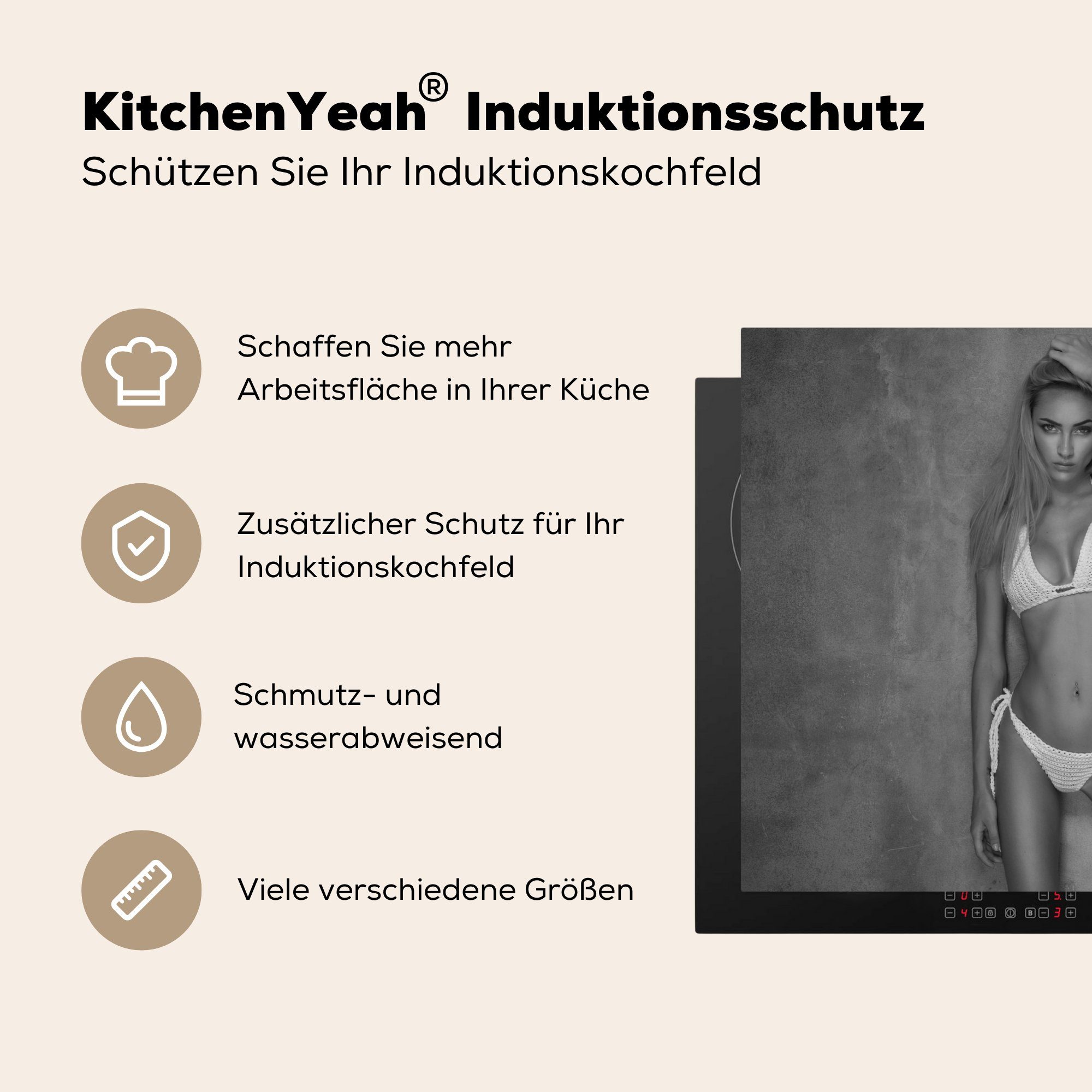 im küche, Induktionskochfeld Vinyl, 71x52 Schwarz-Weiß-Foto für Herdblende-/Abdeckplatte cm, Bikini, die tlg), MuchoWow Ceranfeldabdeckung Schutz Frau (1 einer