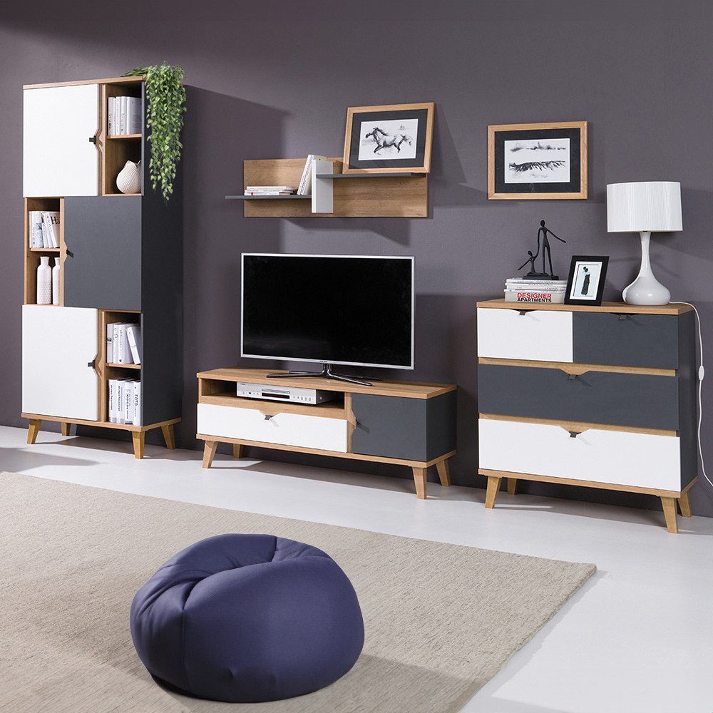 Lomadox Jugendzimmer-Set MARIBOR-132, (Sparset, 4-tlg), Bücherregal Wandboard Kommode mit TV Board in Eiche weiß, graphit