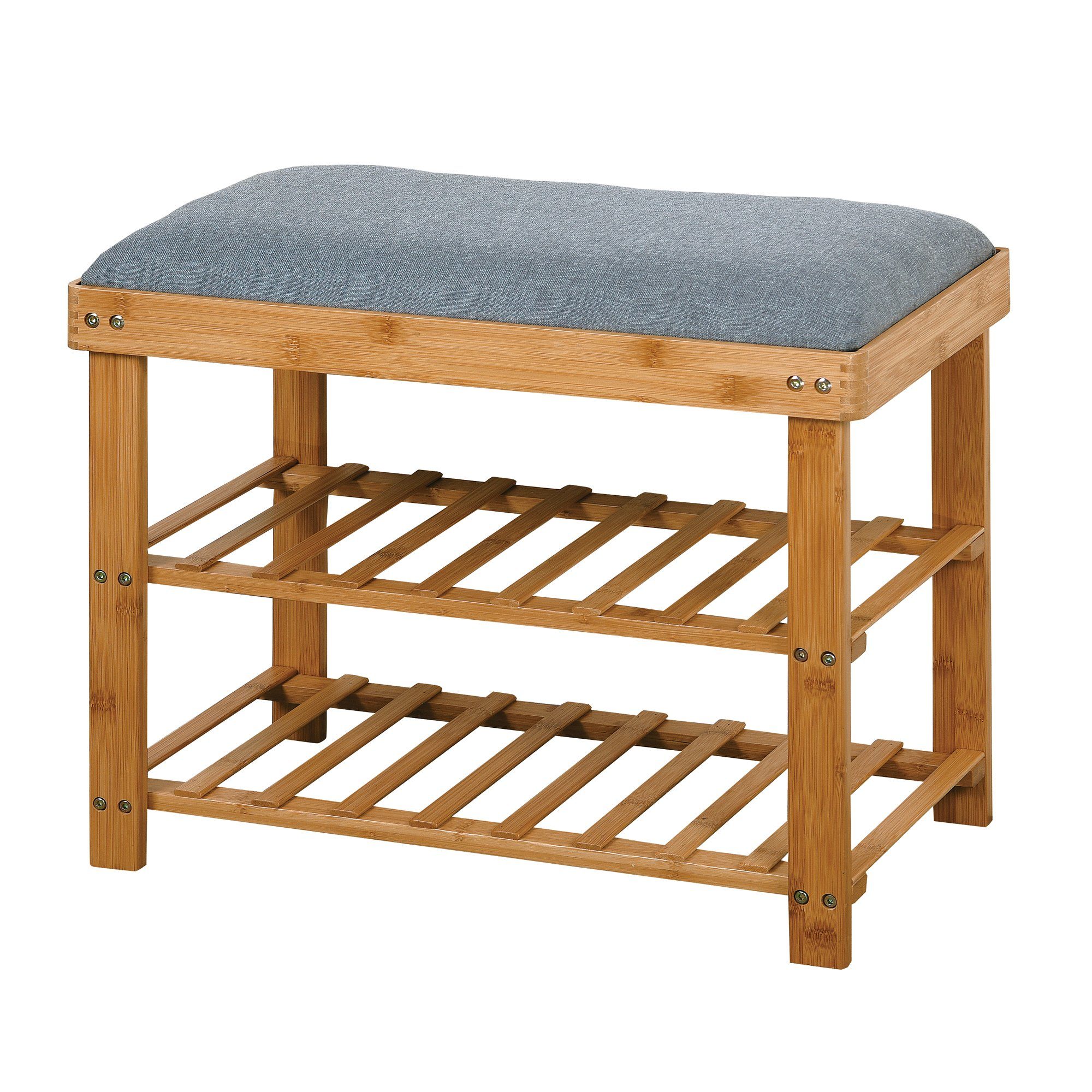 SOFTWEARY Schuhbank aus Bambus, Schuhregal mit Sitzkissen, 60x29x50.5 cm
