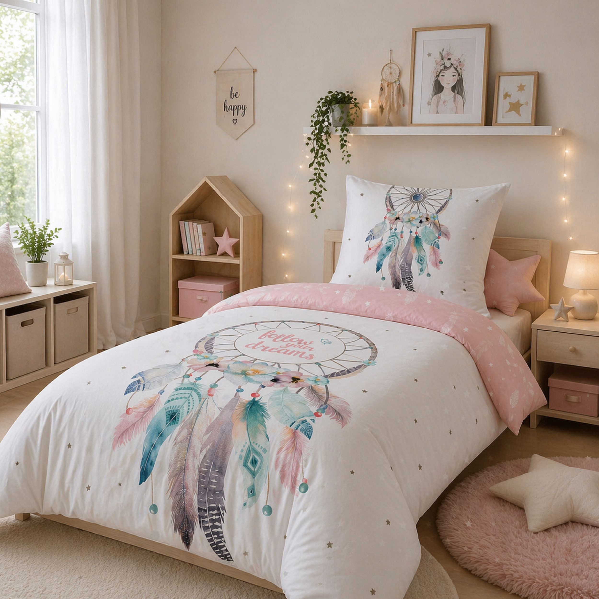 Familando Bettwäsche Dreamcatcher Traumfänger 135x200 80x80 cm Flanell mit Reißverschluss, Flanell, 2 teilig, für Kinder und Erwachsene im Bohemian Boho Style Rosa