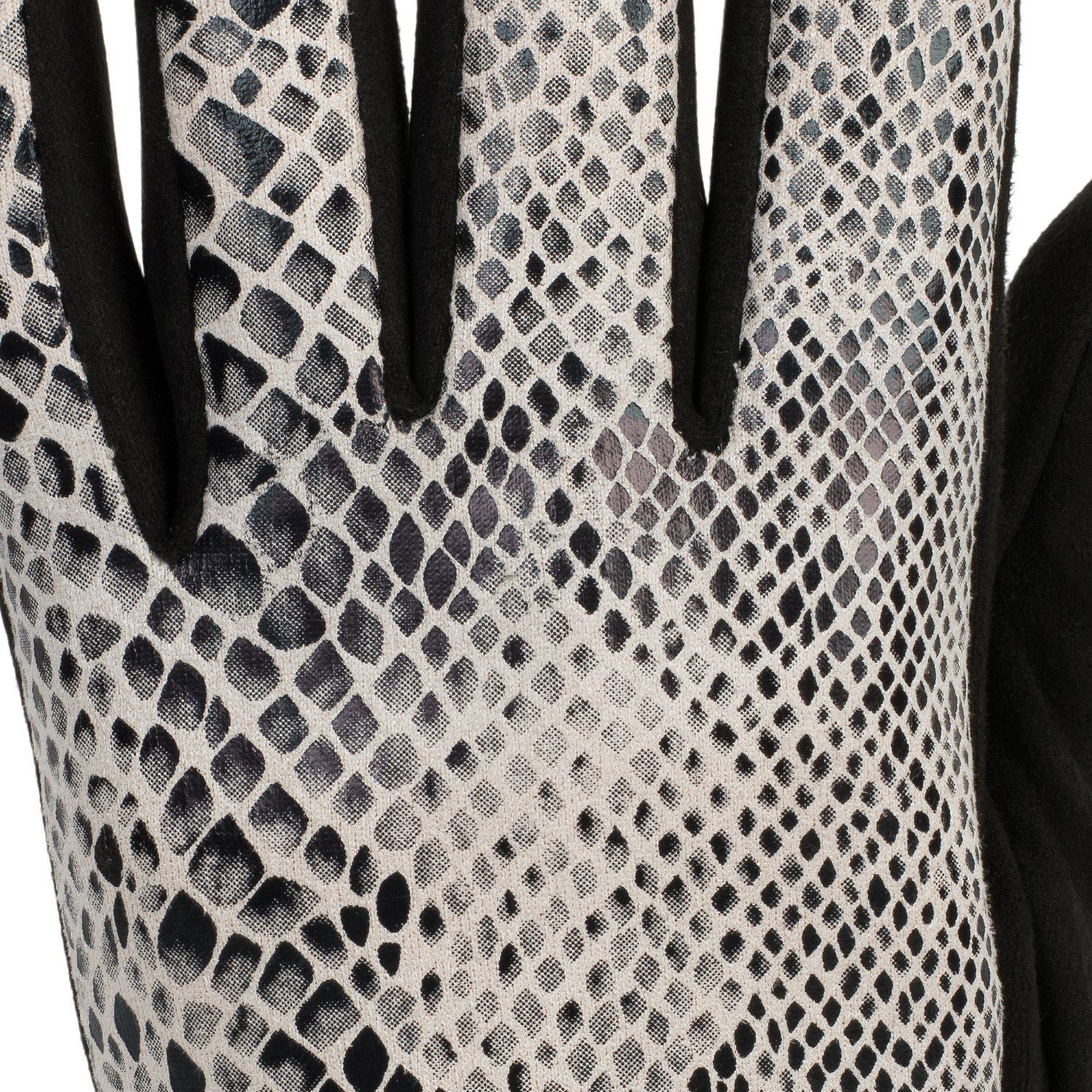 Handschuhe styleBREAKER Stoff Schlangenleder Schwarz-Weiß in Optik Strickhandschuhe