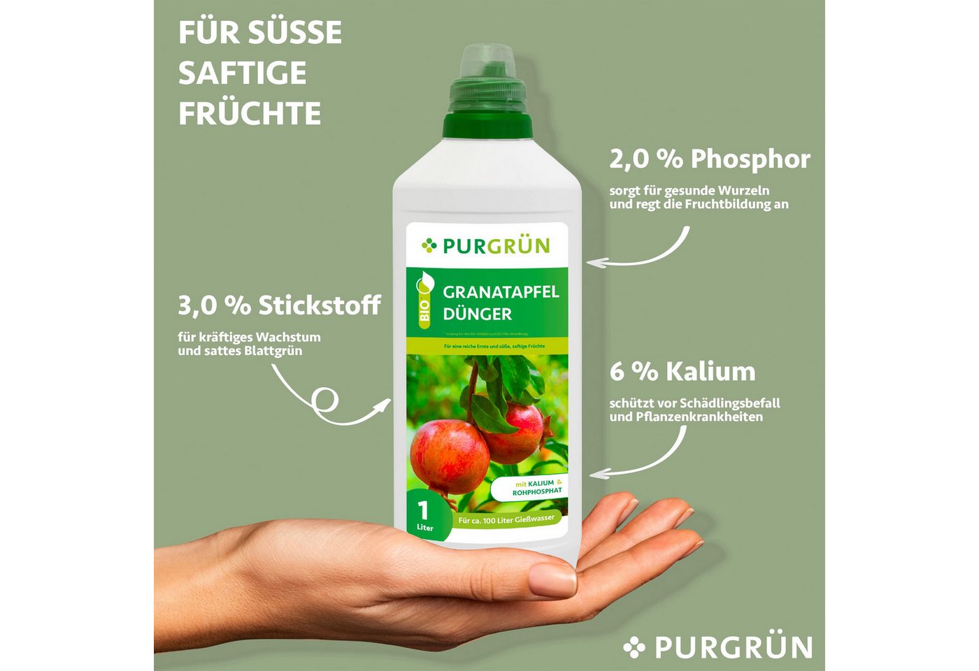 Thumbnail - Purgrün Obstdünger Purgrün Bio Granatapfel Dünger, NPK 6+3+8, Magnesium, 1 kg, Flüssigdünger, Natürliche Sofort- und Lan...