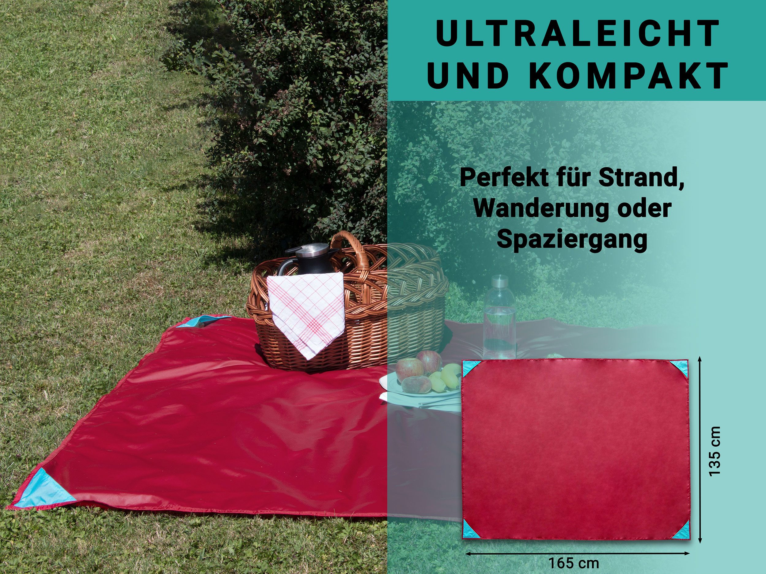 Picknickdecke, ZOLLNER, 135 x 165 cm, 100% Polyester, wasserabweisend, praktische Tragetasche