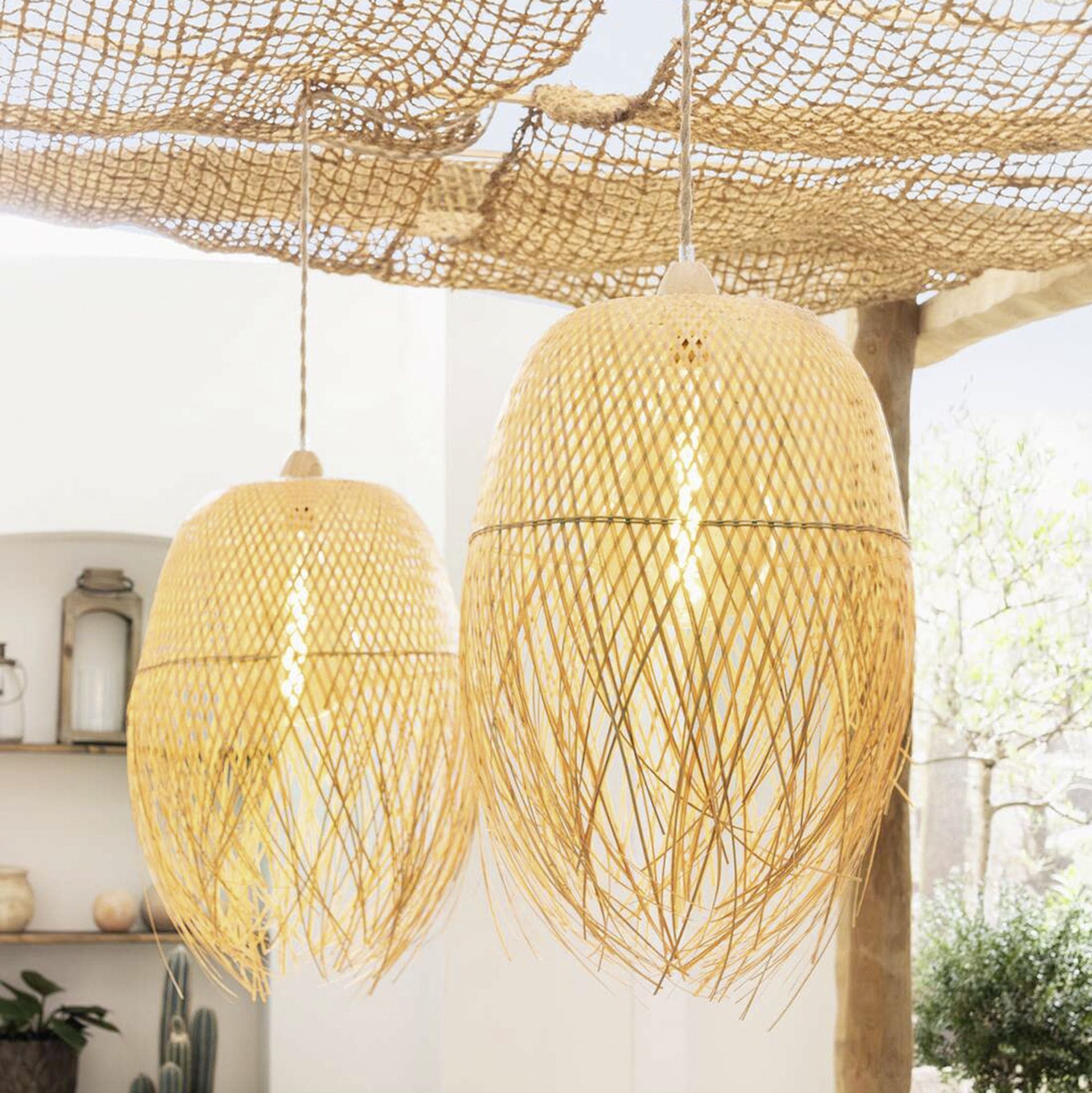 Dekoleidenschaft Lampenschirm "Ibiza" 2er Set für Hängelampe, Bambus, Hängelampenschirm Ersatzschirm, Ersatzschirm Ø 42 x 62 cm für Pendelleuchte, Deckenlampe