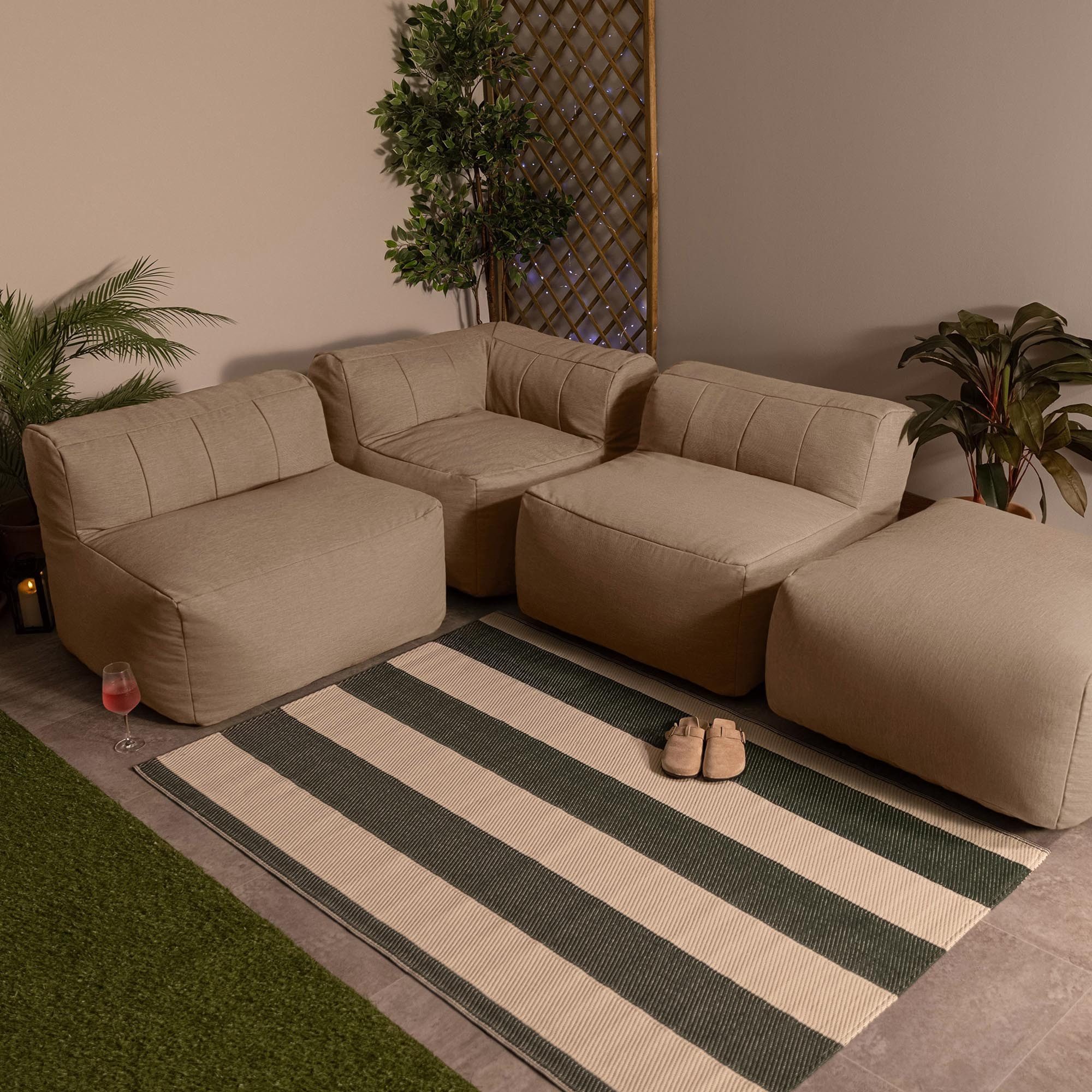 icon Gartenlounge-Set Modulares Outdoorsofa 4 Stück aus Olefin „Zen“, (Spar-Set, 1 x Ecksofa, 2 Sessel, 1 x Hocker), Schaumstoff Füllung, für Wohnzimmer, für den Außenbereich, wetterfest