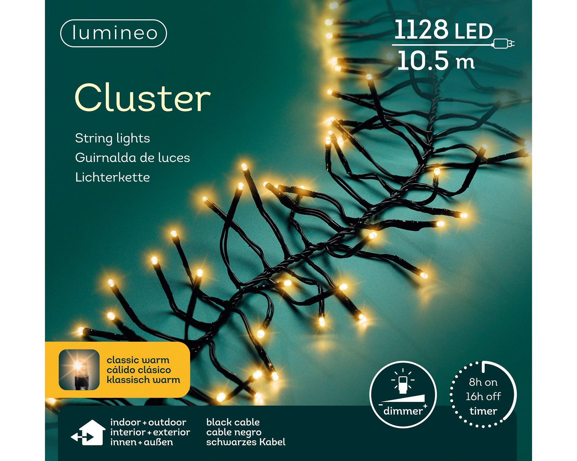 Lumineo LED-Lichterkette Lumineo Lichterkette CLUSTER 1128 LED 10,5 m klassisch warm, schwarz, Indoor/Outdoor, dimmbar, 8h-Timer, + 5 m Zuleitung