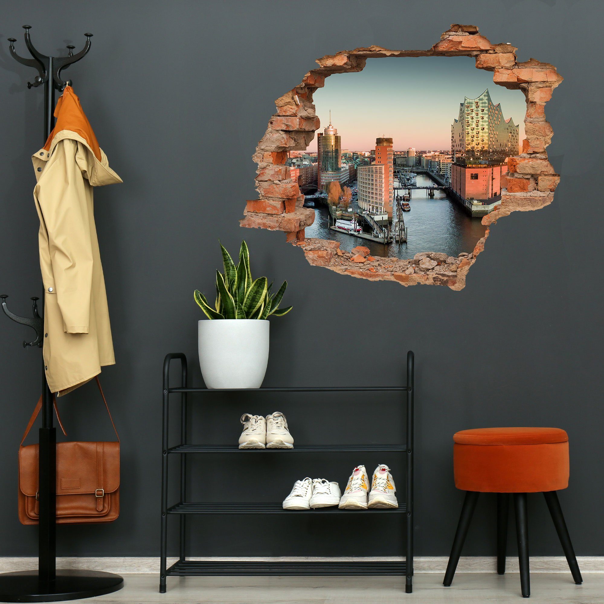 WallSpirit Wandtattoo Wanddurchbruch "Hamburg Hafen", Selbstklebend, rückstandslos abziehbar