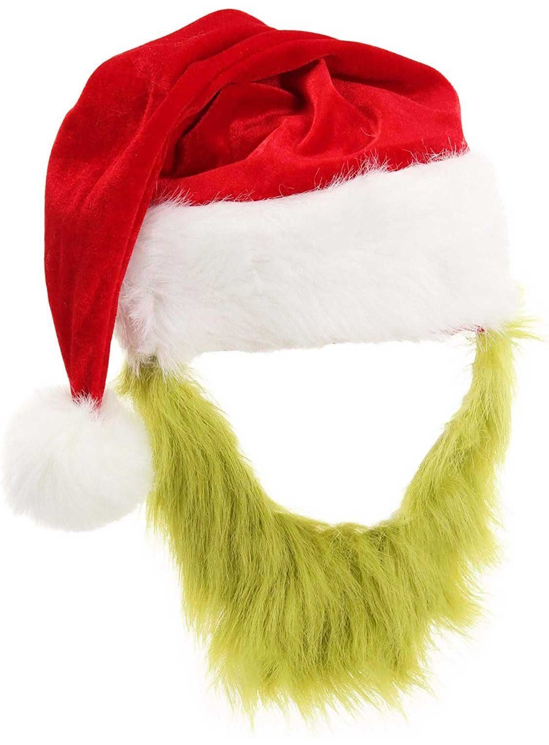 Elope Kostüm Der Grinch Weihnachtsmütze mit Bart, Nikolausmütze mit grünem  Bart aus Grinch-Fell