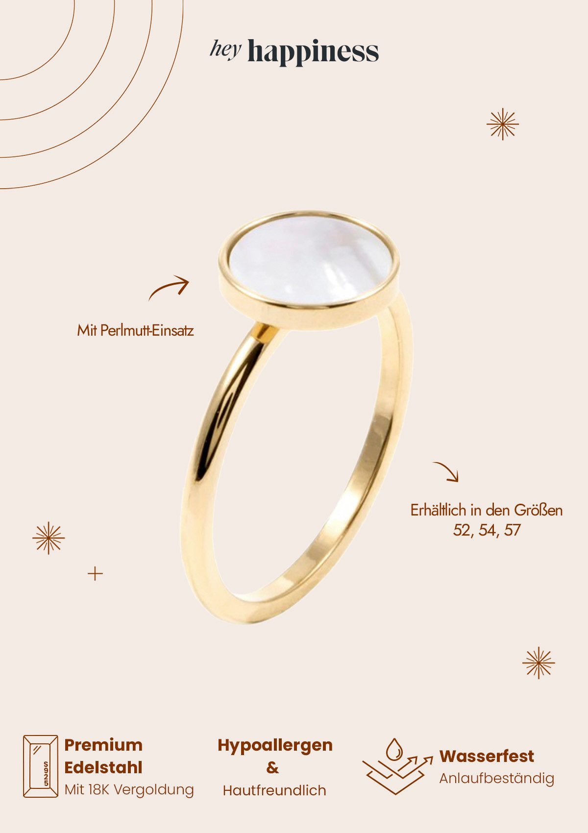 Hey Happiness Fingerring Kreis Muschel 18K Gold Roségold, Edelstahl Damen Ring Geo Plättchen, Geschenk Idee