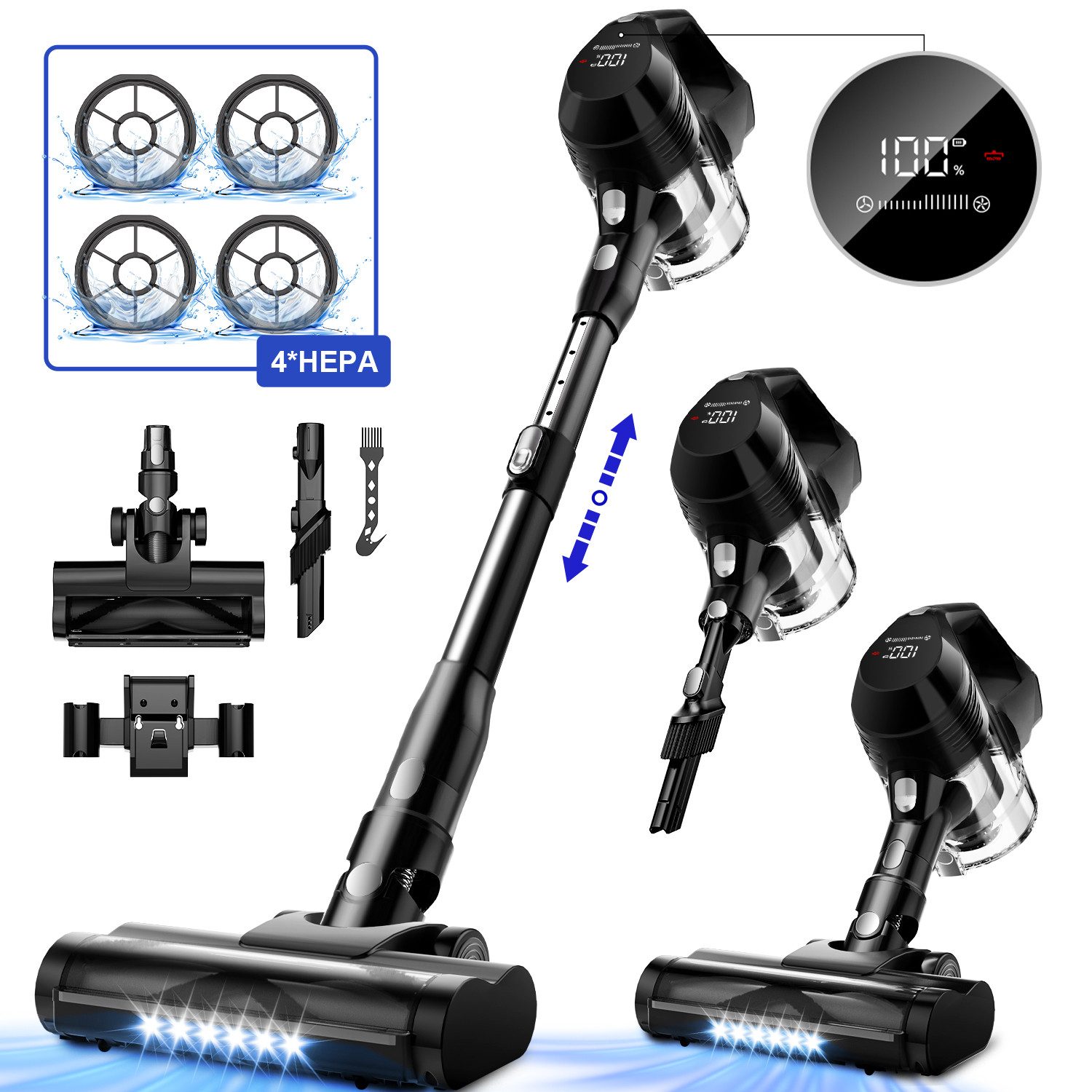 Adormii Akku-Hand-und Stielstaubsauger Akku Staubsauger 60000pa, Staubsauger Kabellos, 60Min/1,8L, beutellos,Smart LED-Display,4*HEPA,Filterwirkung 99,99 %,LED und Anti-Verwicklungs-Bodenbürste, Akkustaubsauger für Teppich, Hartböden, Tierhaare