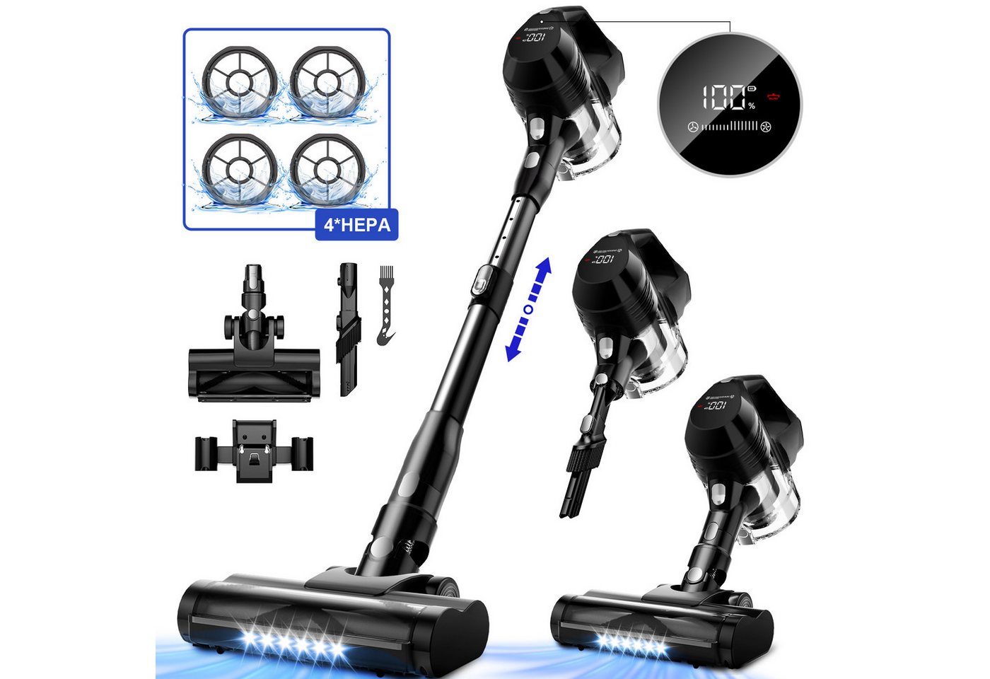 Adormii Akku-Hand-und Stielstaubsauger Akku Staubsauger 60000pa, Staubsauger Kabellos, 60Min/1,8L, beutellos,Smart LED-Display,4*HEPA,Filterwirkung 99,99 %,LED und Anti-Verwicklungs-Bodenbürste, Akkustaubsauger für Teppich, Hartböden, Tierhaare