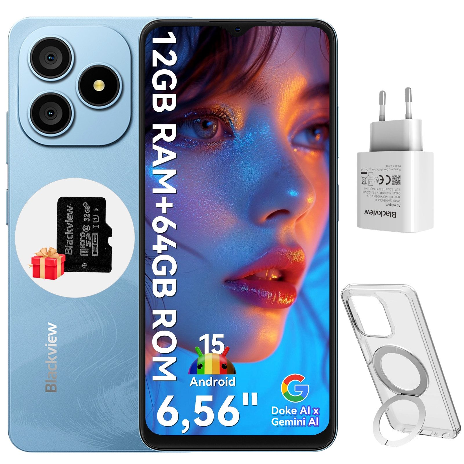 blackview WAVE 9C AI incl. 18W Ladegerät Smartphone (6,56 Zoll, 64 GB Speicherplatz, 13 MP Kamera, 13MP, Android 15, fingerprint, OTG)