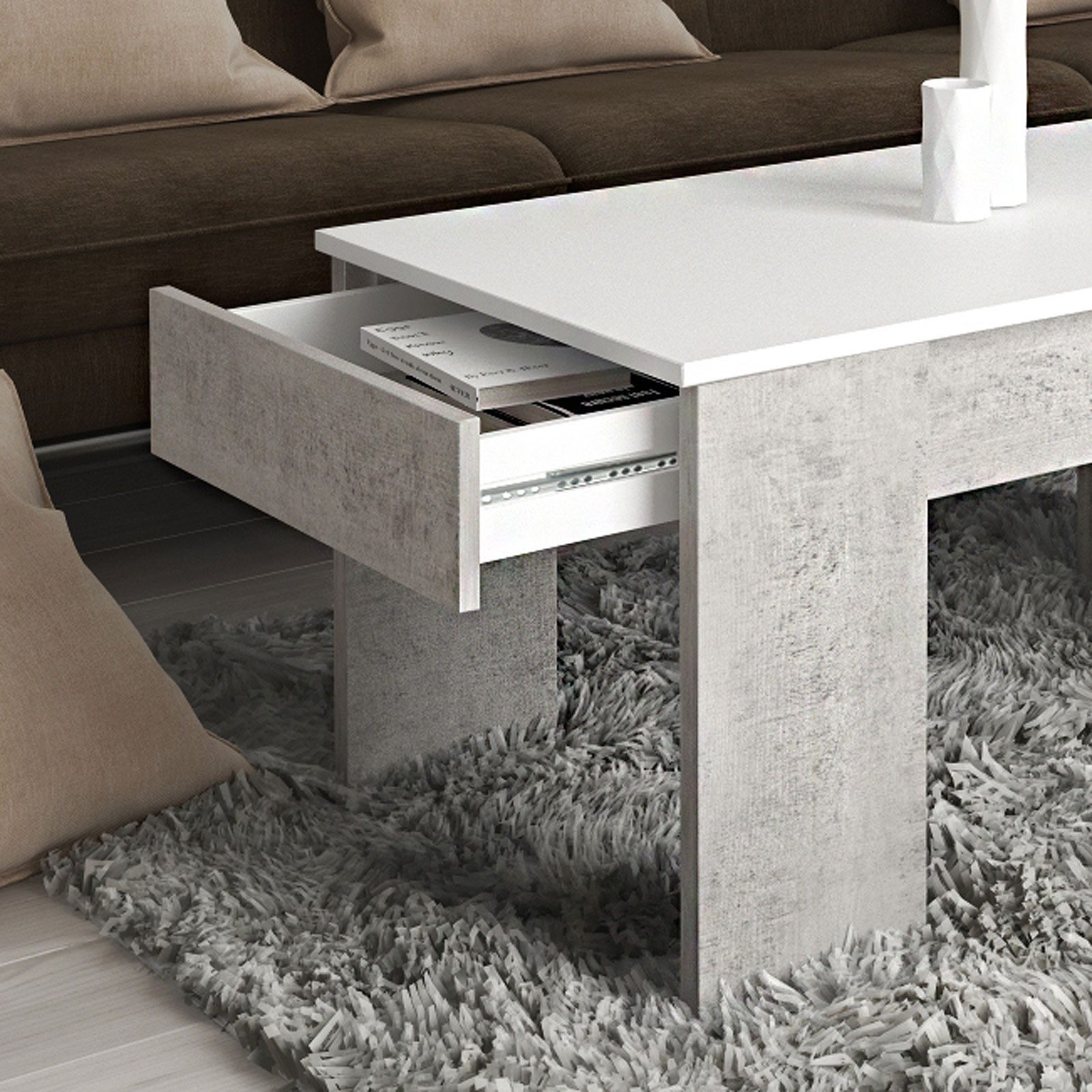 Möbel Akut Couchtisch Couchtisch Genua Betonoptik / Weiß mit Schubkasten 100x50 cm