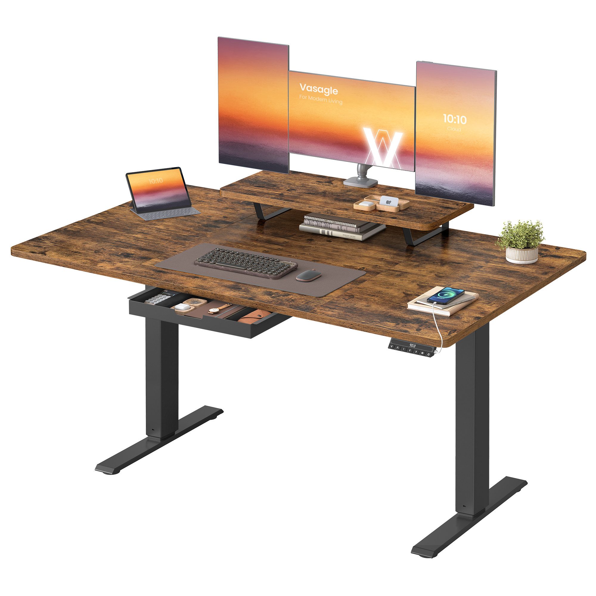 VASAGLE Schreibtisch Höhenverstellbarer, flexibel montierbarer Monitorständer, Schublade, USB-C-Anschluss, Erinnerung bei langem Sitzen