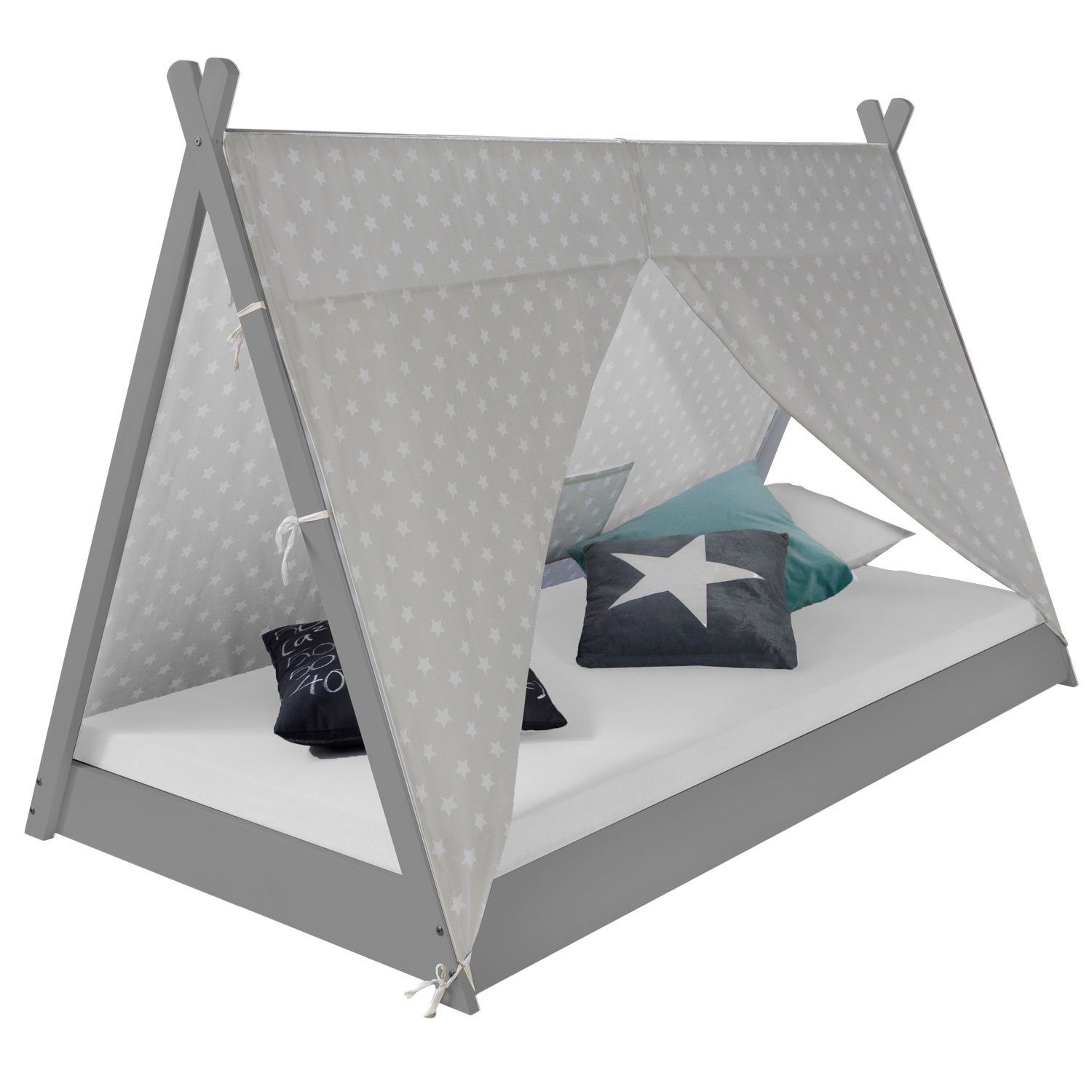 Homestyle4u Hausbett 90x200 TIPI mit Dach Weiß oder Grau Holzbett Zelt Bodenbett Kinderbett (Set, mit Lattenrost), Kinderbett