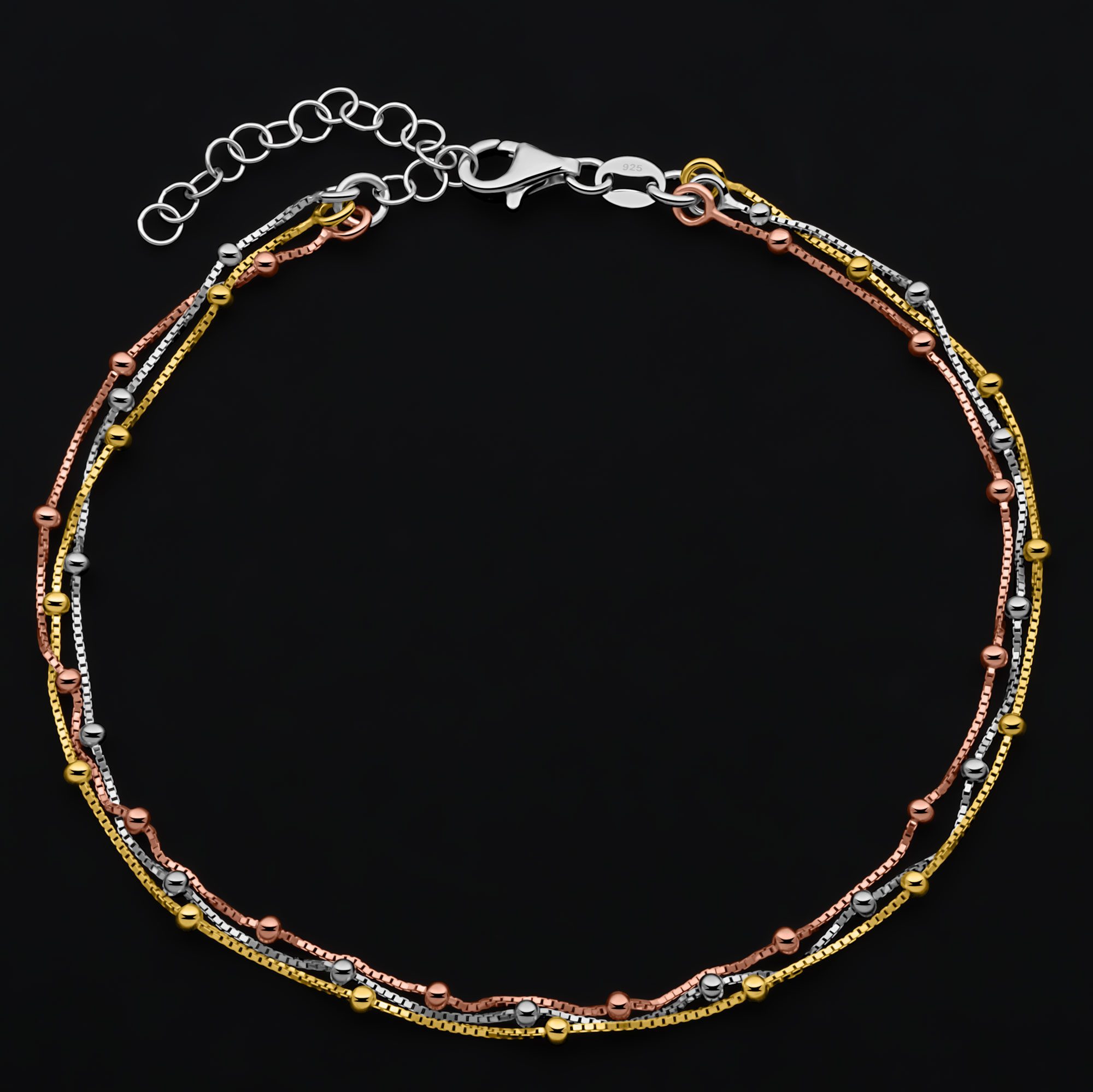 Tony Fein Fußkette Venezianer Tricolor 925er Silber Gelbgold Roségold Vergoldet 22-26 cm, Made in Italy für Damen