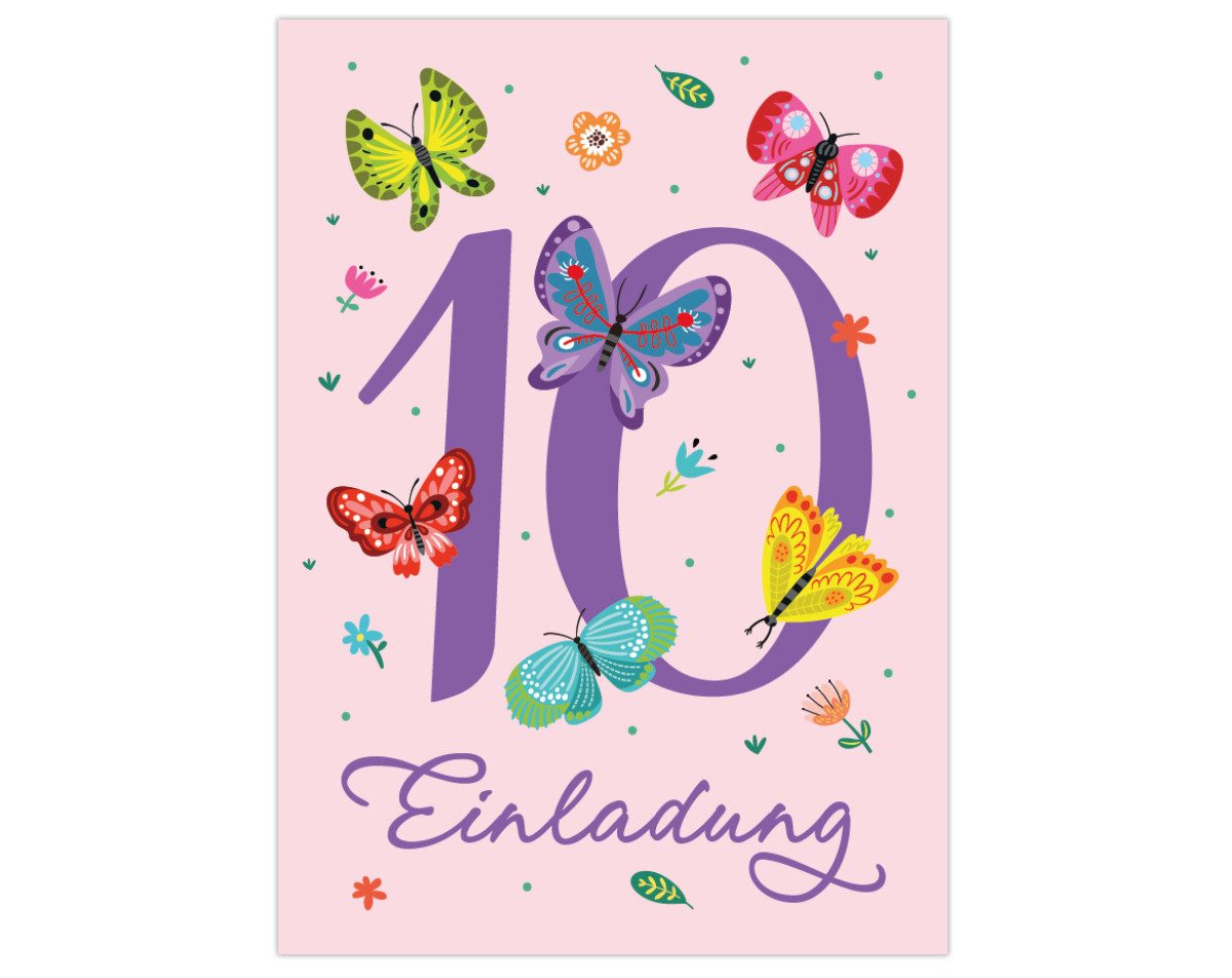 JUNAPACK Пригласительные открытки Schmetterling Einladungen zum 10. Kindergeburtstag Mädchen Karten, Пригласительные открытки mit Schmetterling zum zehnten Kindergeburtstag