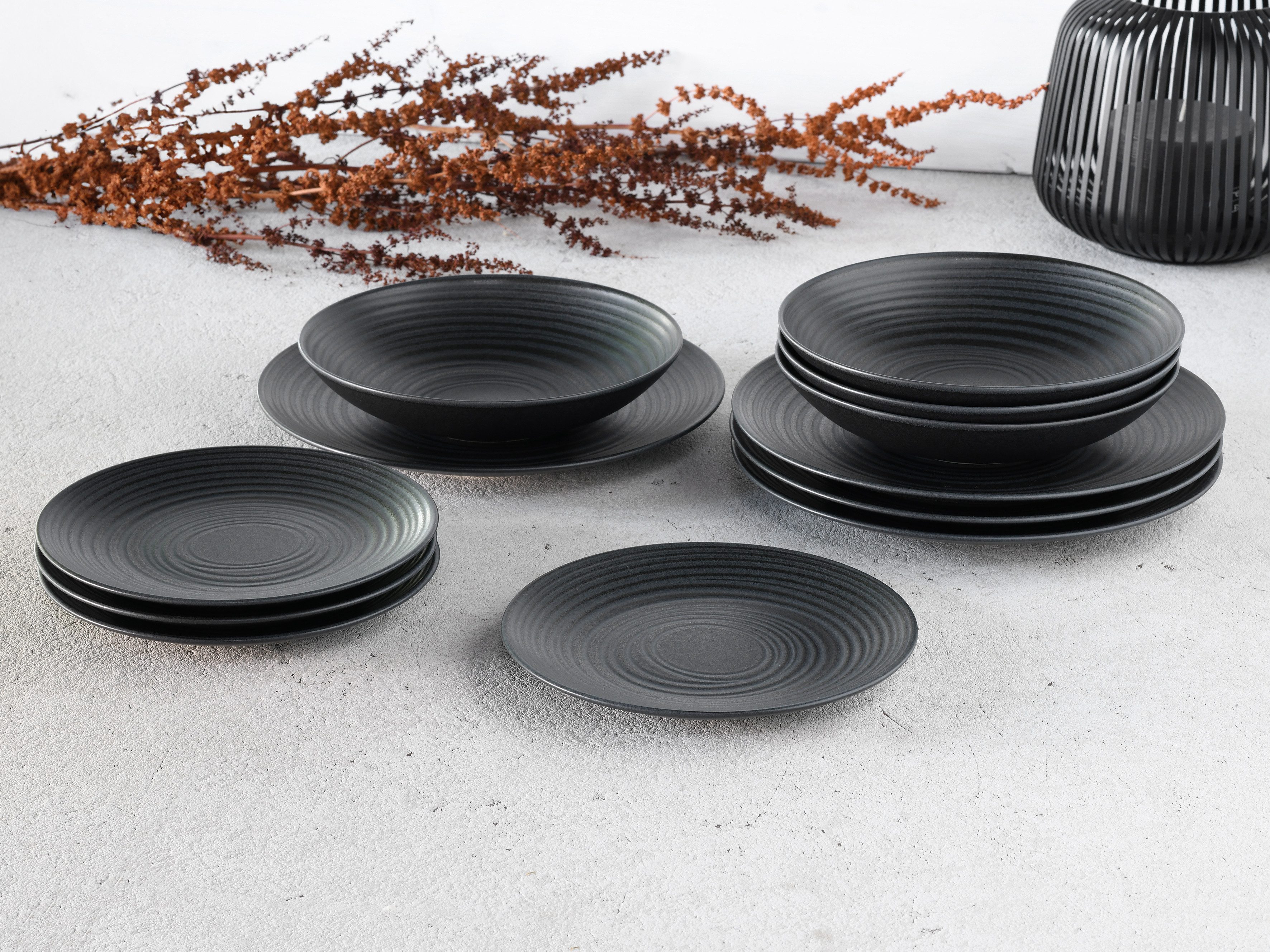 CreaTable Tafelservice Teller Set, Geschirr-Set Lava Stone (12-tlg), 4 Personen, Steinzeug, Service, schwarz, Reliefdekor, Made in Europe, 12 Teile für 4 Personen