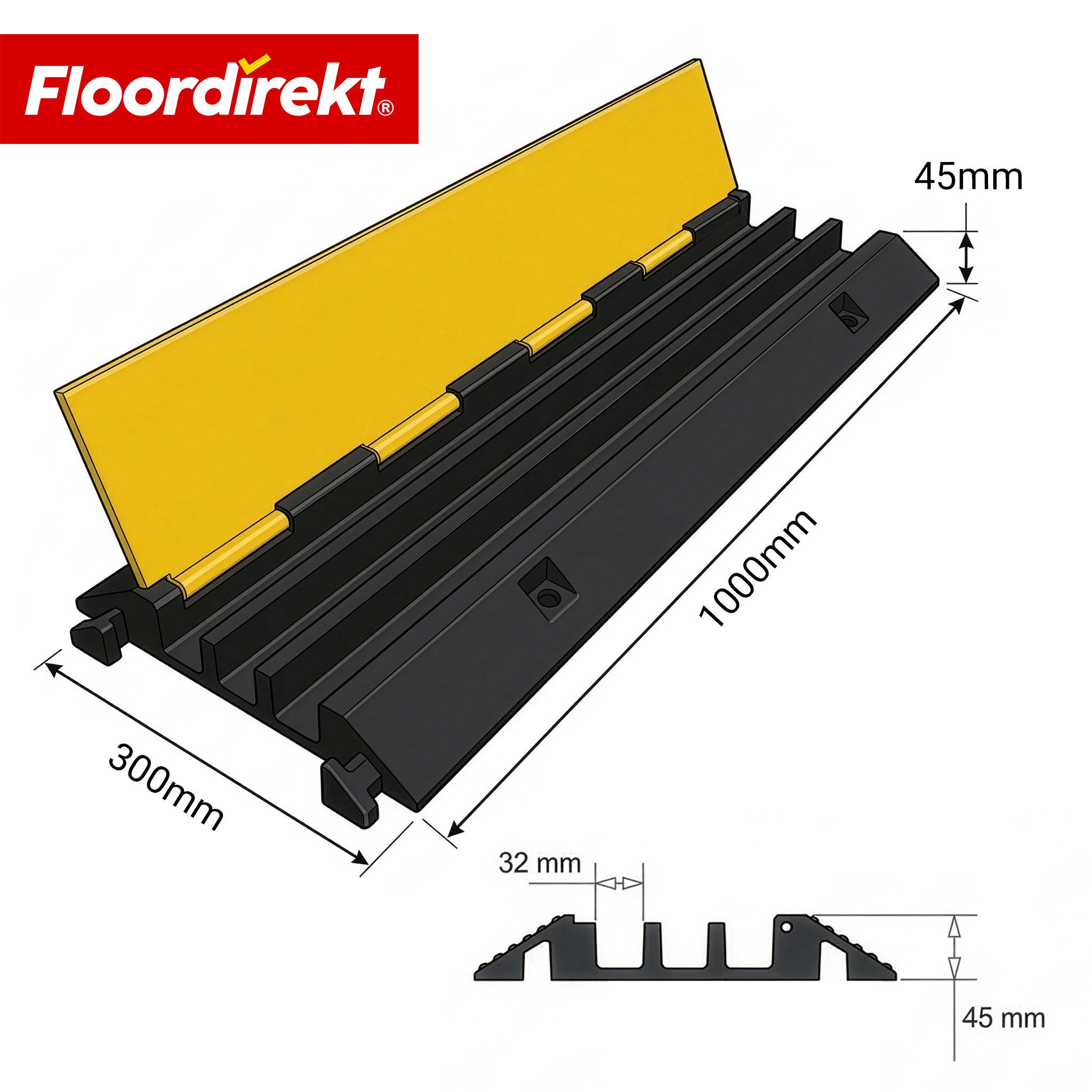 Floordirekt Kabelkanal Kabelbrücke 3 Kanal Vertex Kabelschutzbrücke Kabelrampe Überfahrrampe (100 x 30 x 4,5 cm, 1-St., Belastbarkeit bis zu 10 Tonnen), 3 Kabelkanäle: je 32 x 32 mm für Kabel, Leitungen, Schläuche und Rohre