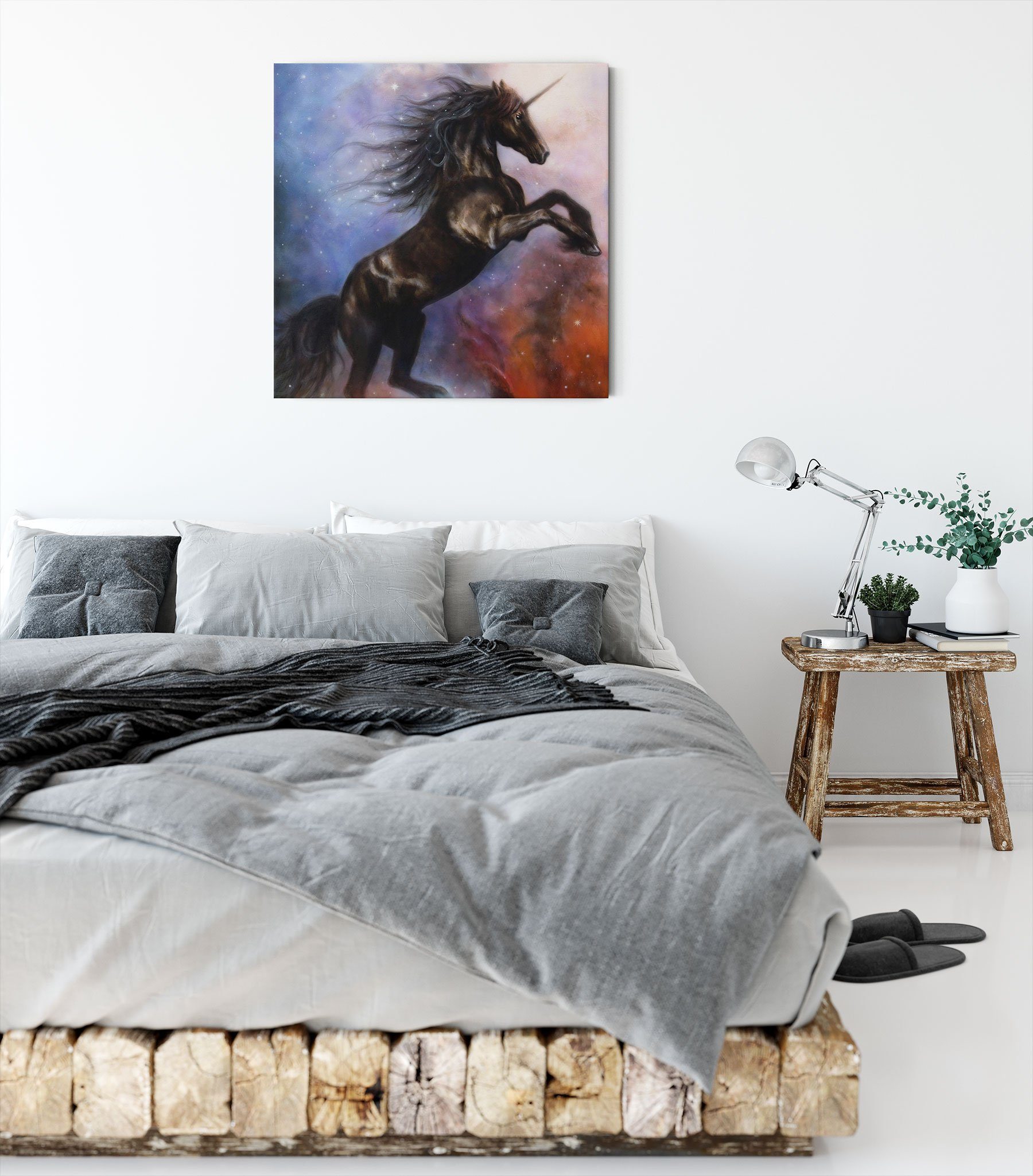 Einhorn, bespannt, Einhorn (1 Pixxprint Leinwandbild schwarzes Zackenaufhänger Traumhaftes St), inkl. schwarzes Leinwandbild fertig Traumhaftes