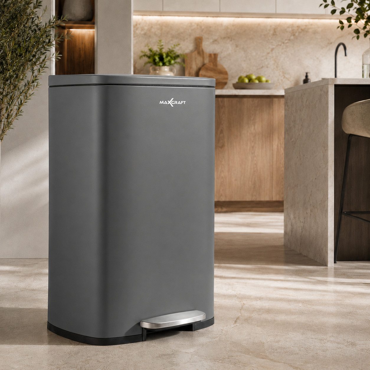 MAXCRAFT Biomülleimer Mülleimer / Treteimer - 50 Liter mit Soft Close Deckel in Grau