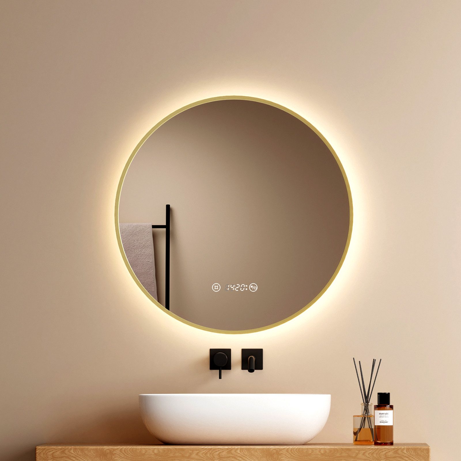 EMKE Badspiegel Rund mit Beleuchtung Gold gebürstet Rahmen (Modell R9, Φ 60-80 cm, Touchschalter), Antibeschlage, Uhr, Temperatur, Dimmbar, Memory-Funktion, IP44