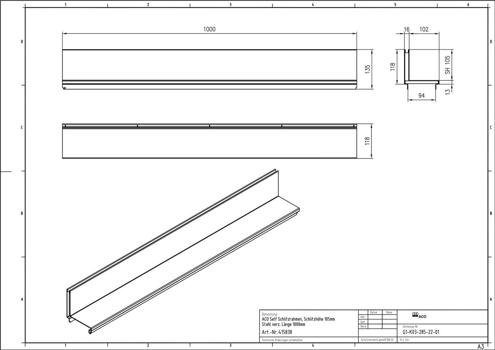 ACO Severin Ahlmann GmbH & Co. KG Entwässerungsrinne 1m Hexaline Entwässerungsrinne + Schlitzaufsatz verzinkt, 2-St., Schlitzaufsatzrinne Stahl verzinkt