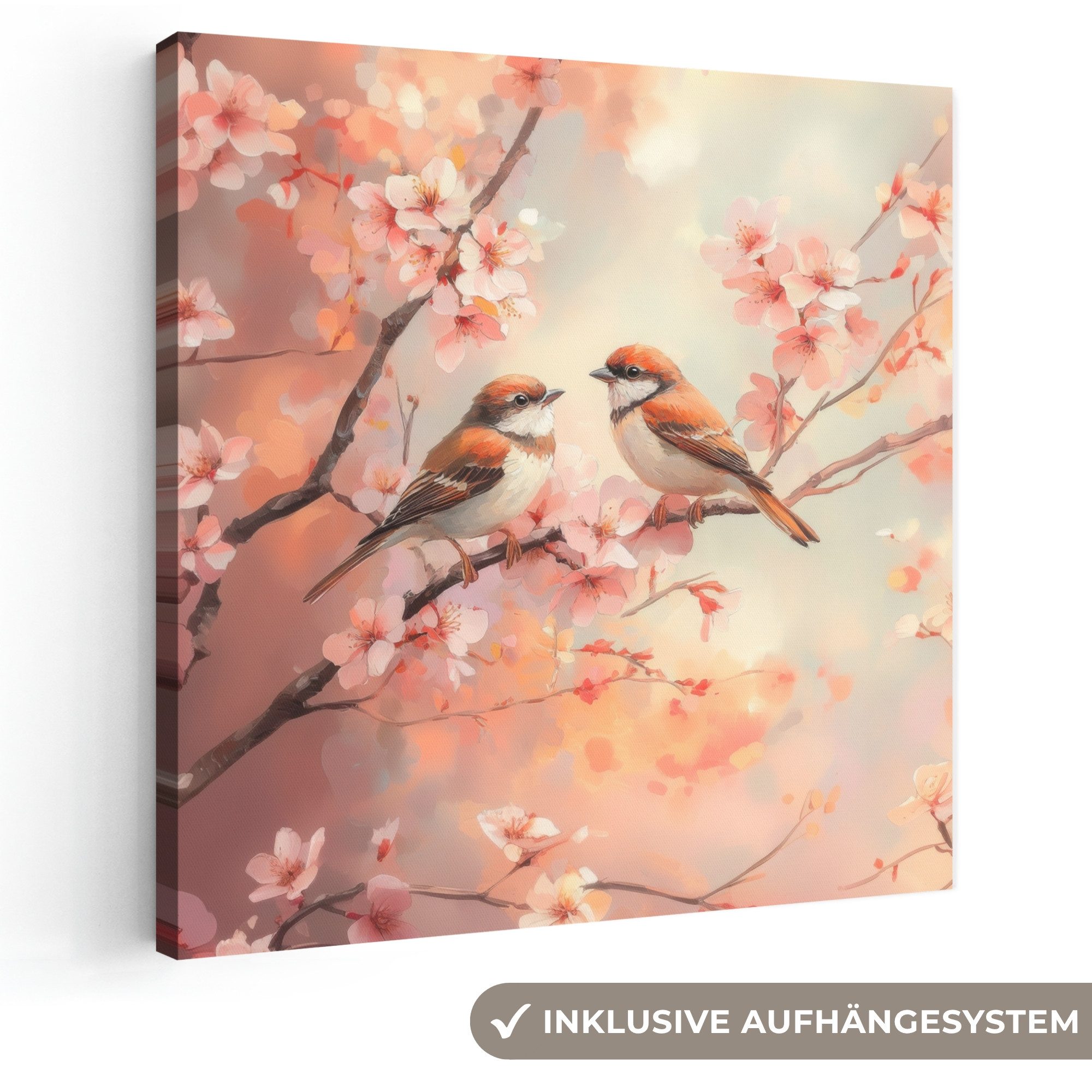 OneMillionCanvasses® Leinwandbild Vögel - Romantisch - Blühende Zweige, Fotodruck (1 St), Wandbild, Deko Schlafzimmer Wohnzimmer Flur 20x20 cm