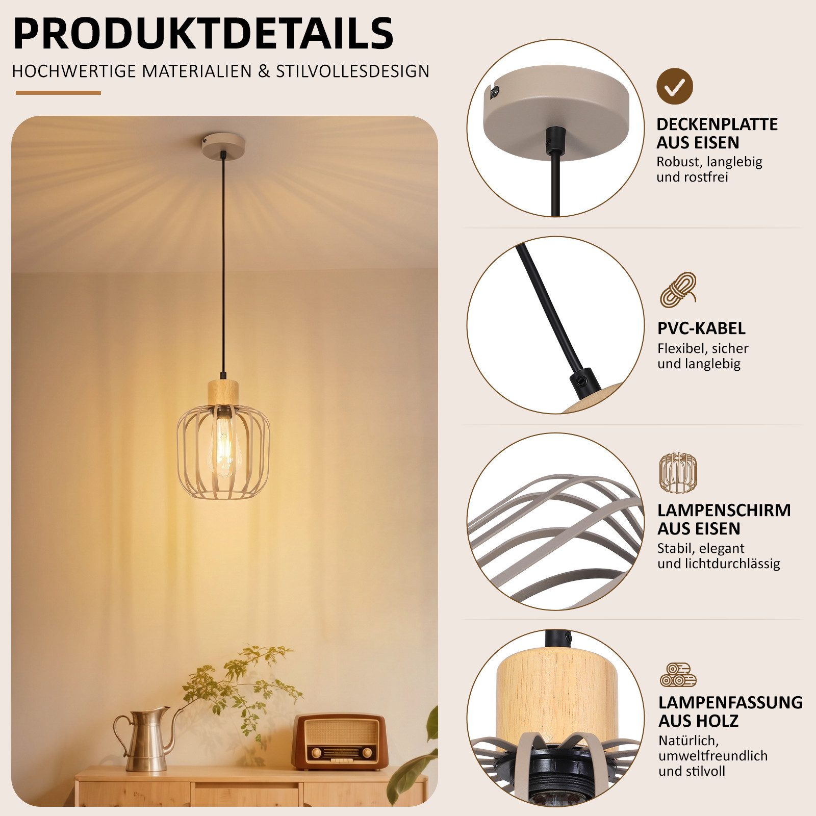 Nettlife Pendelleuchte Weiß/grau 1/3flammig Holz moderne Hängelampe E27 Fassung, ohne Leuchtmittel, für Esstisch Wohnzimmer Küche Flur Kücheninsel