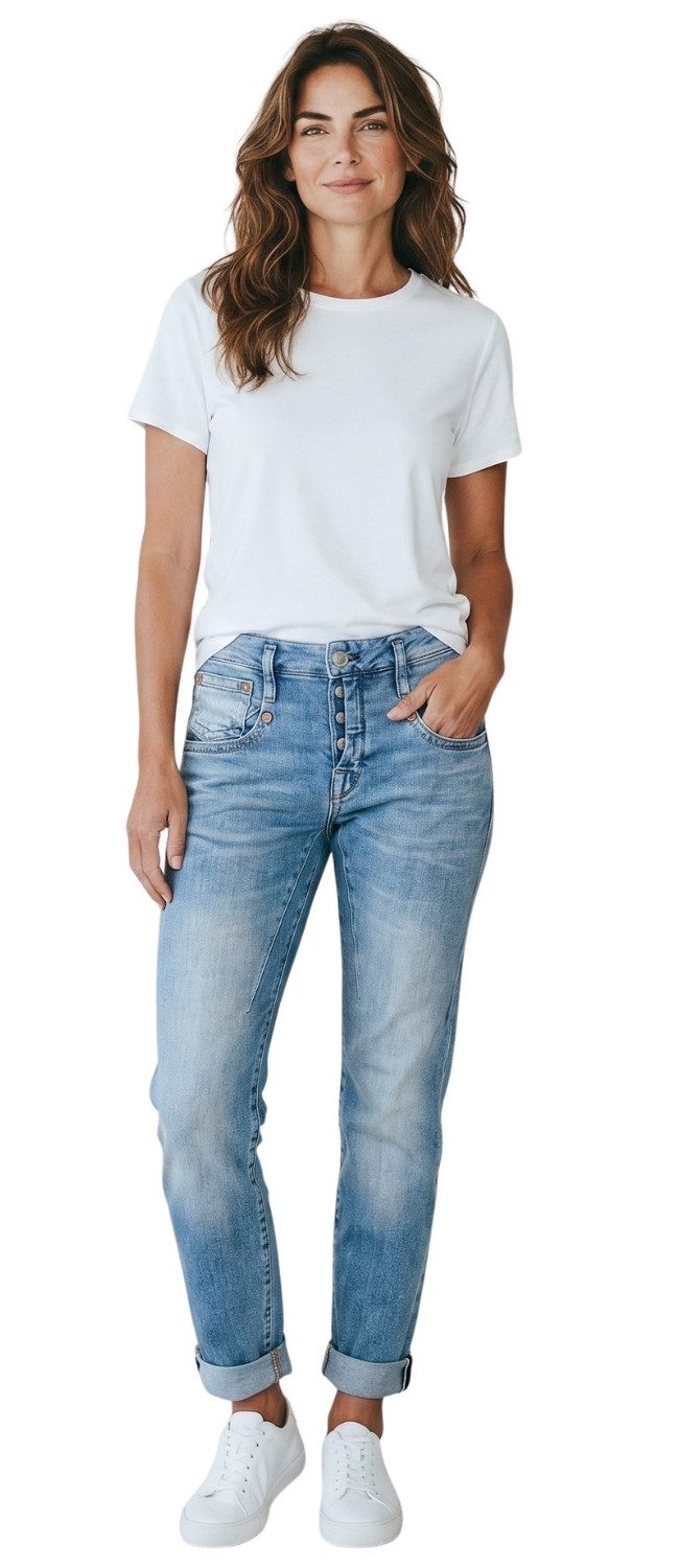 Herrlicher Boyfriend-Jeans Shyra Cropped Stretch Jeans mit halb verdeckter Knopfleiste besondere Nahtführung, halb verdeckte Knopfleiste