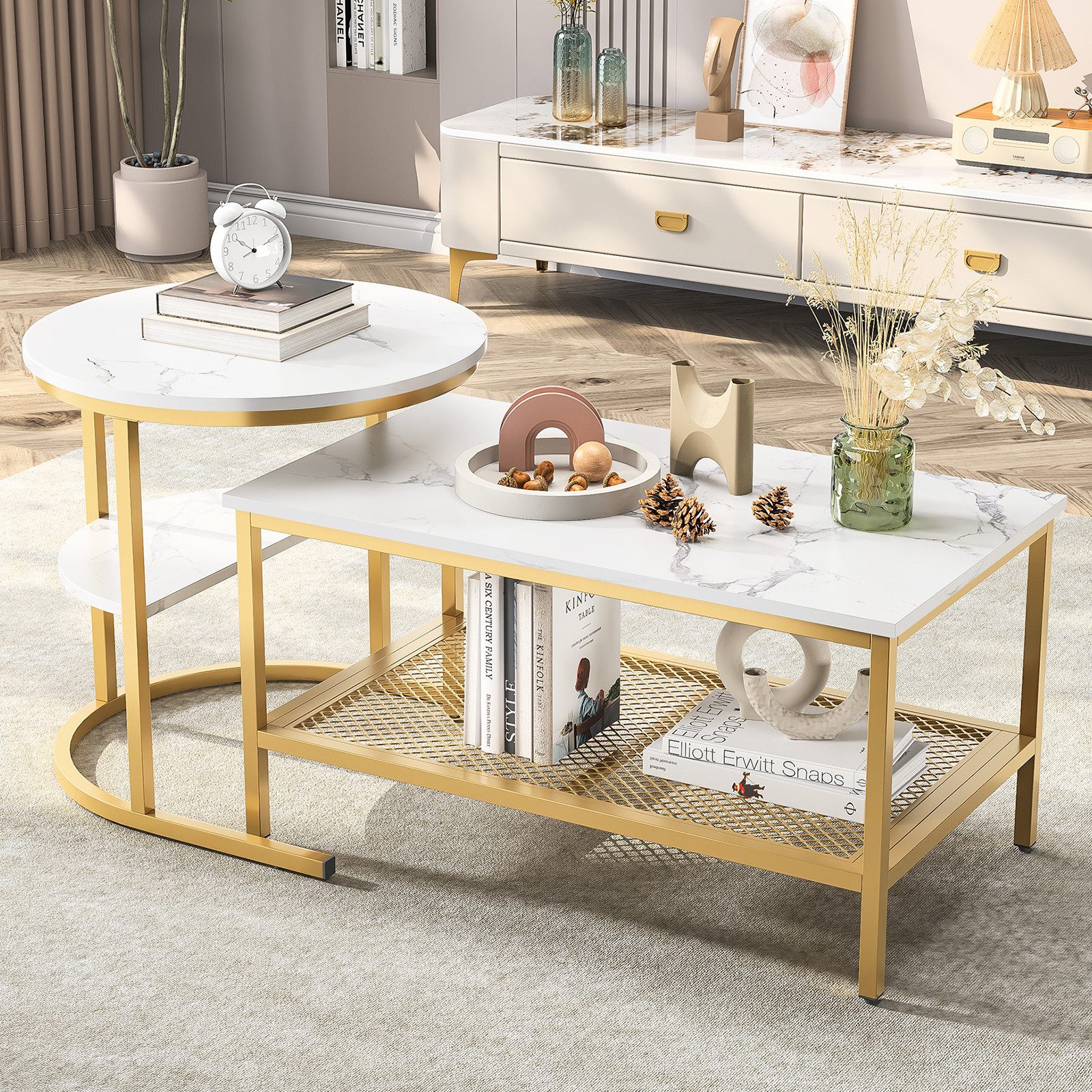 BELUPAI Couchtisch 2in1 Beistelltisch, Runder Tisch mit Marmoroptik (2er Set, 1-St., Satztisch), 80x46x41cm und 52x52x51cm,Weiß-Gold