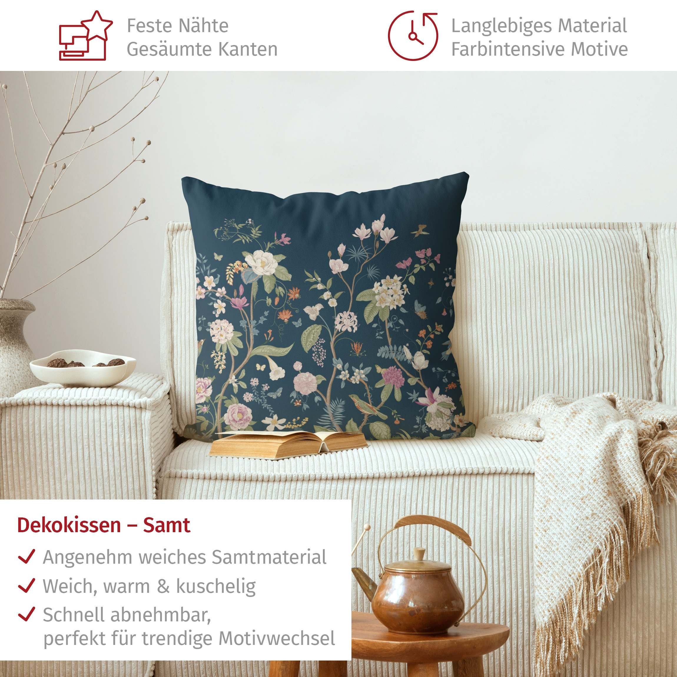 Bilderdepot24 Dekokissen drinnen Kissenhülle/ Sofakissen/ Zierkissen blau Blumen Illustration, Bezug mit / ohne Füllung Zierkissen Outdoor Sofa Bett