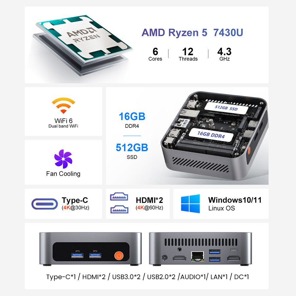 Ninkear M7 AMD Ryzen 5 7430U 6 Cores Max 4.3GHz Mini-PC (AMD Core 6, 16 GB RAM, 512 GB SSD)