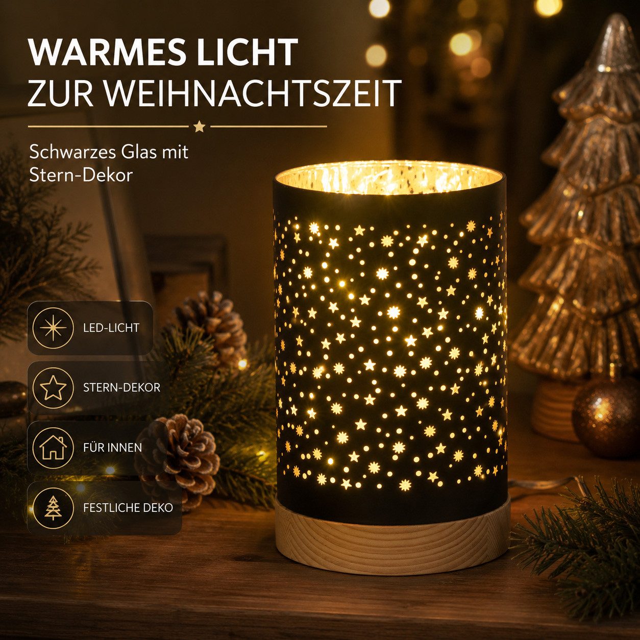 formano LED Dekolicht LED Deko Licht Schwarz 15 cm Glas mit Timerr 6h/18h Weihnachten, LED fest integriert – Bild 2 von 5